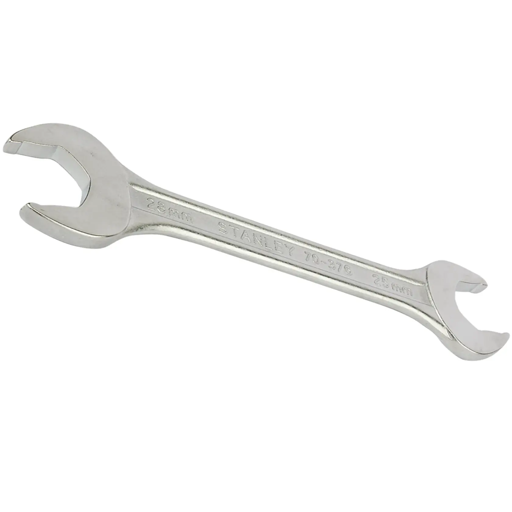 STANLEY 70-376E double open end wrench, silver, 28mm x 25mm, tool category, angled view on white background.