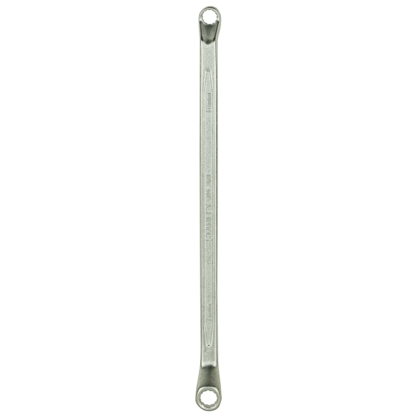 Metal double-ended box wrench with thin handle, used for tightening or loosening nuts and bolts.