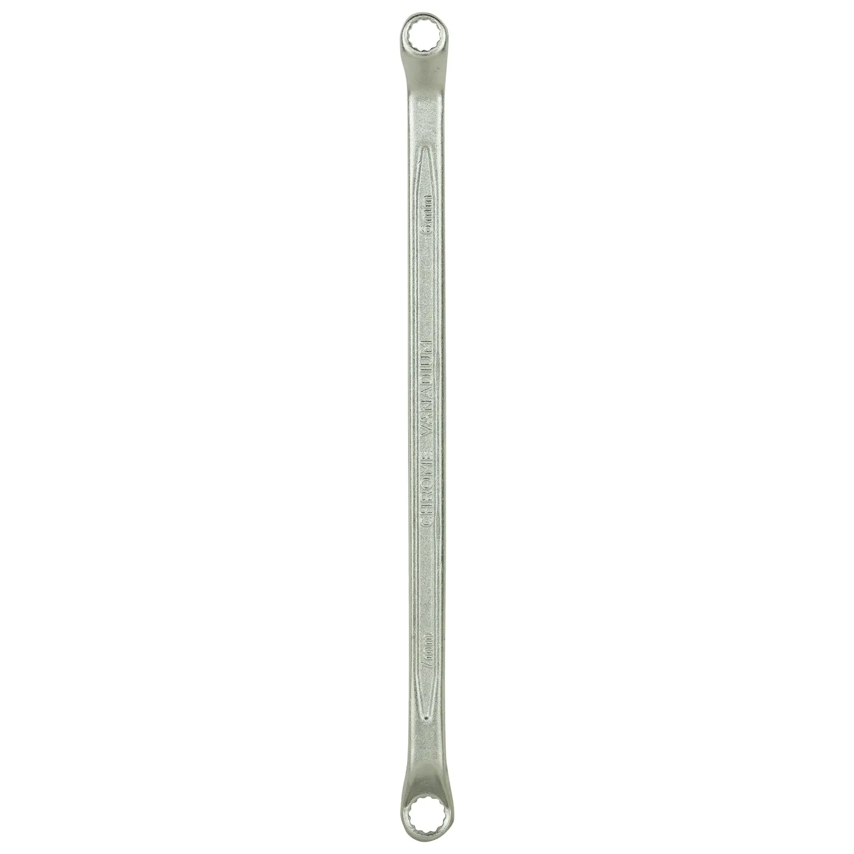 Double-ended box wrench with a silver finish, designed for tightening or loosening nuts and bolts.