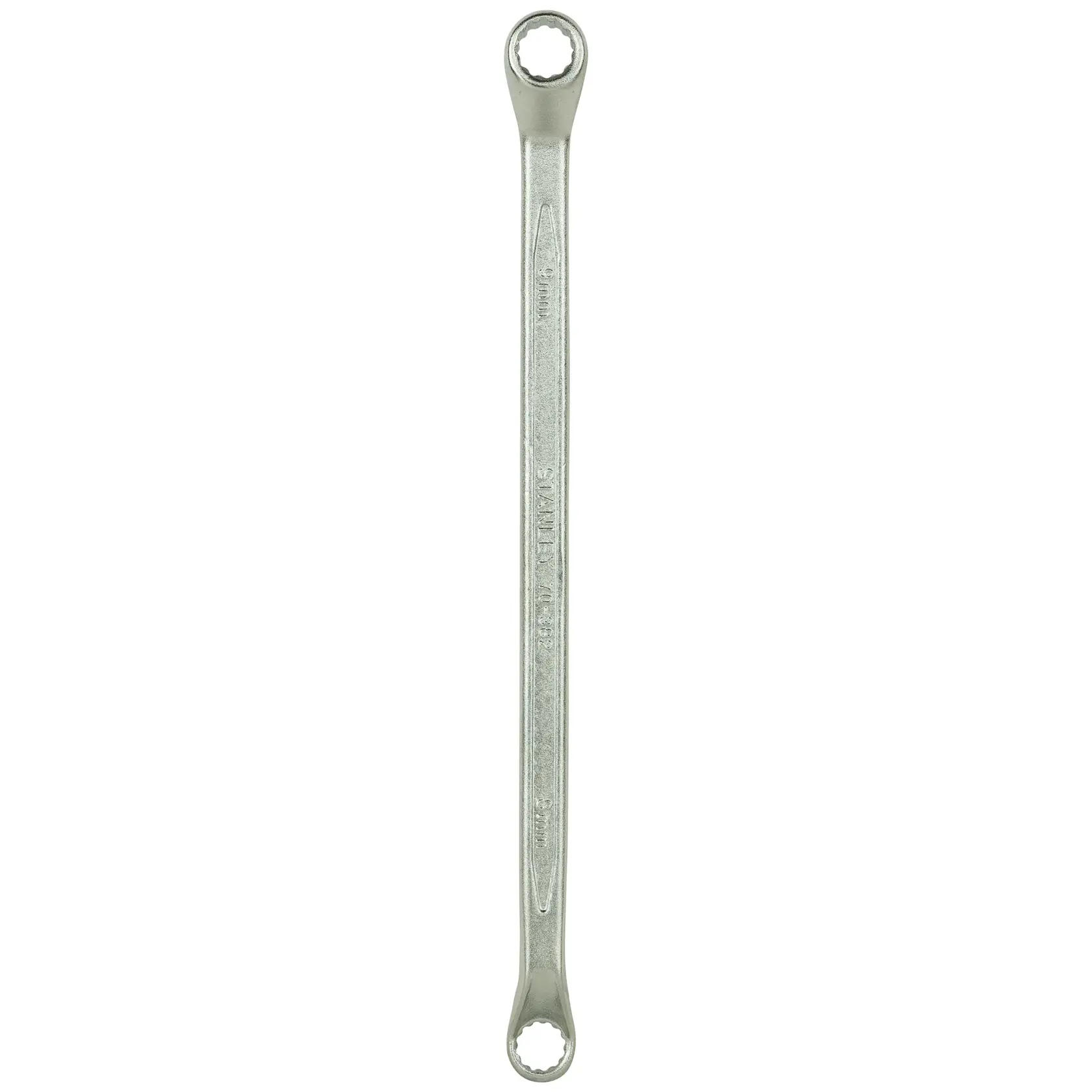 Double-ended box wrench made of metal, used for tightening or loosening nuts and bolts.