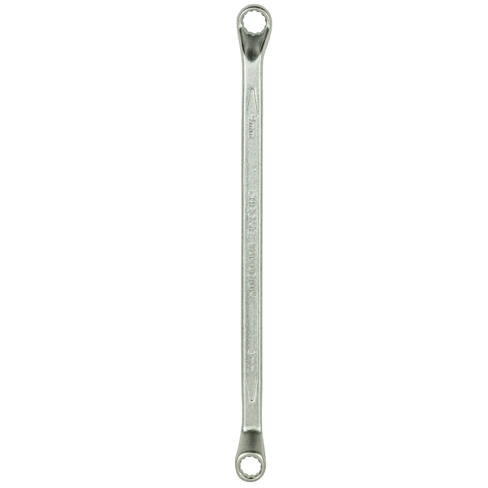 Double-ended box wrench made of metal, used for tightening or loosening bolts and nuts in mechanical tasks.