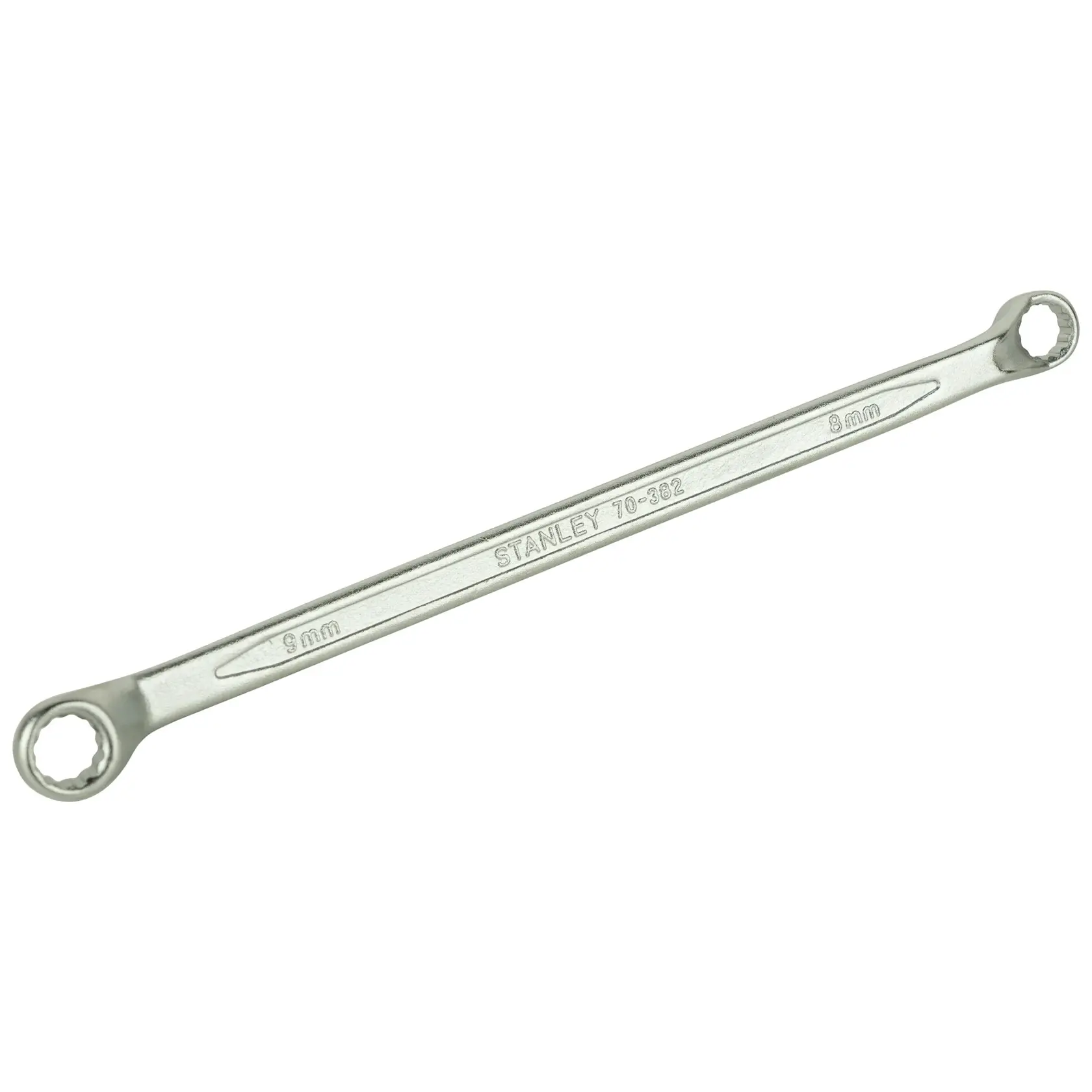 Stanley double-ended box wrench, 8mm and 9mm sizes, silver metal tool for tightening or loosening fasteners.