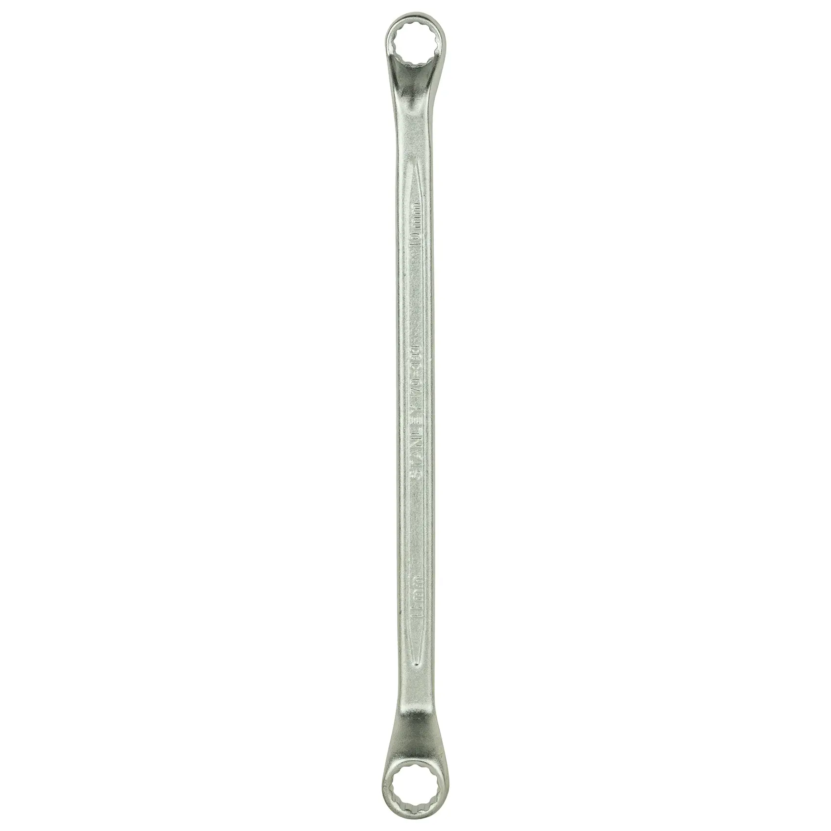 A double-ended box wrench with a slim, metal body and circular heads, suitable for tightening bolts or nuts.
