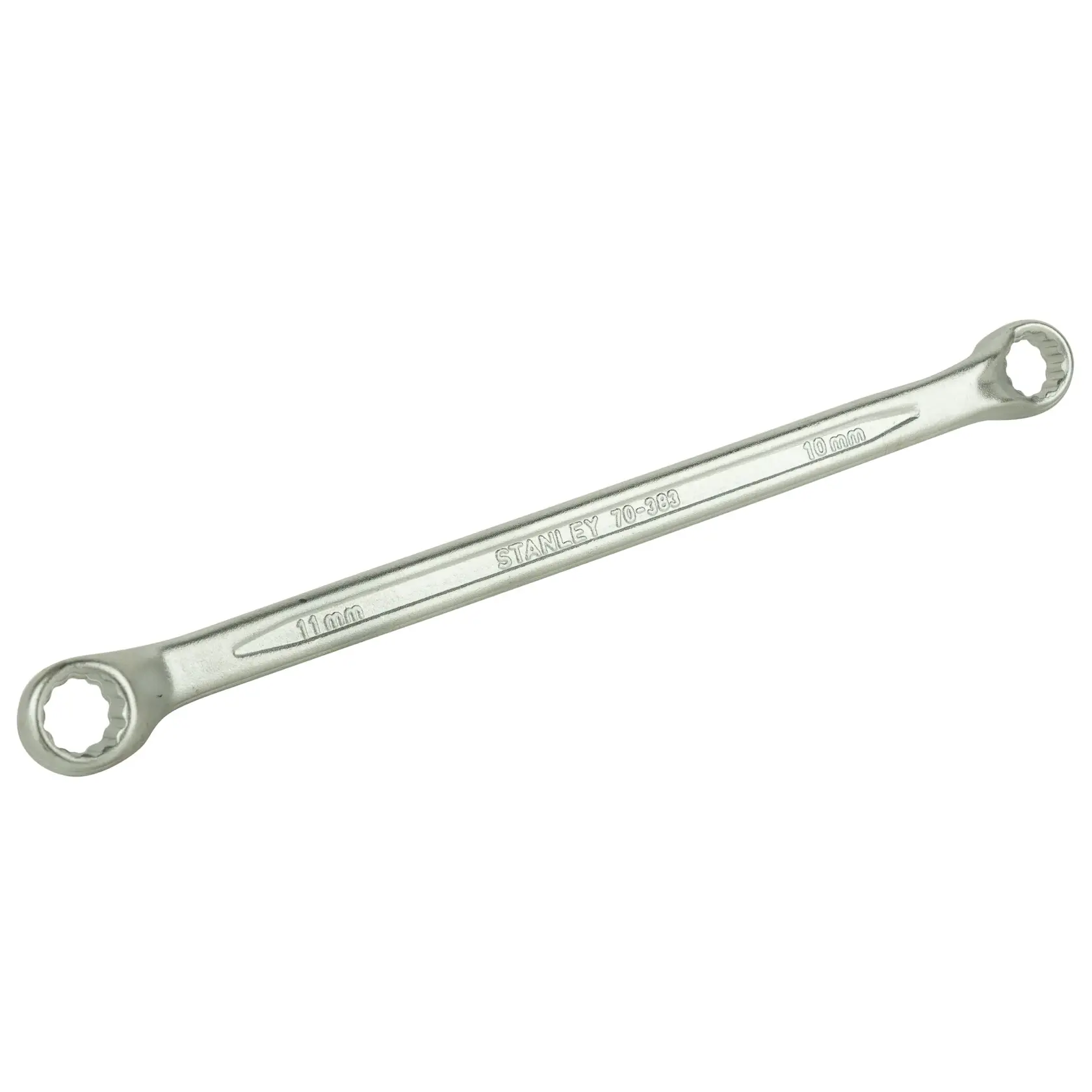 Stanley box-end wrench with 11mm and 10mm ends, silver color, double-sided for tightening nuts or bolts.