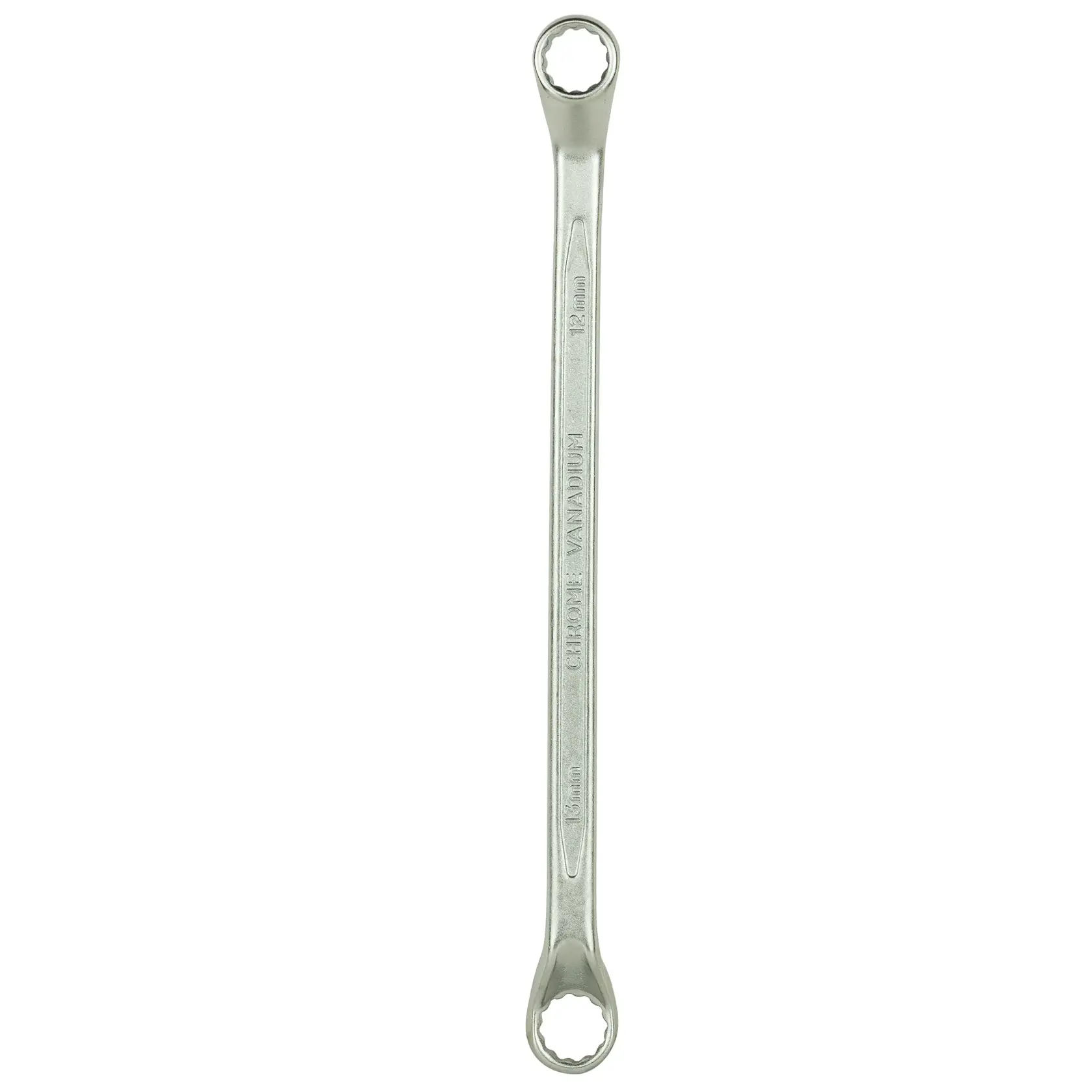 Stanley box-end wrench with two ring heads, used for tightening nuts and bolts. Silver, metal tool shown vertically.