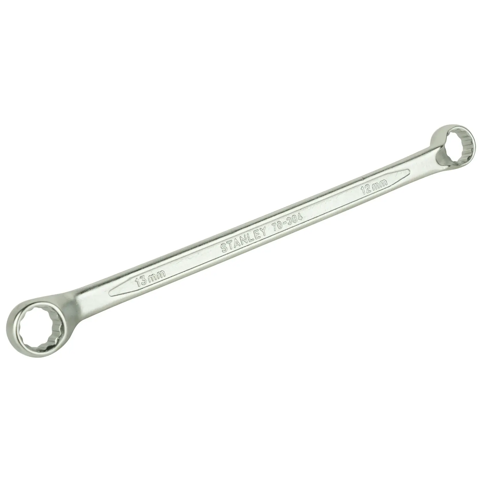 Stanley double-ended box wrench, 15mm and 12mm sizes, silver metal hand tool.