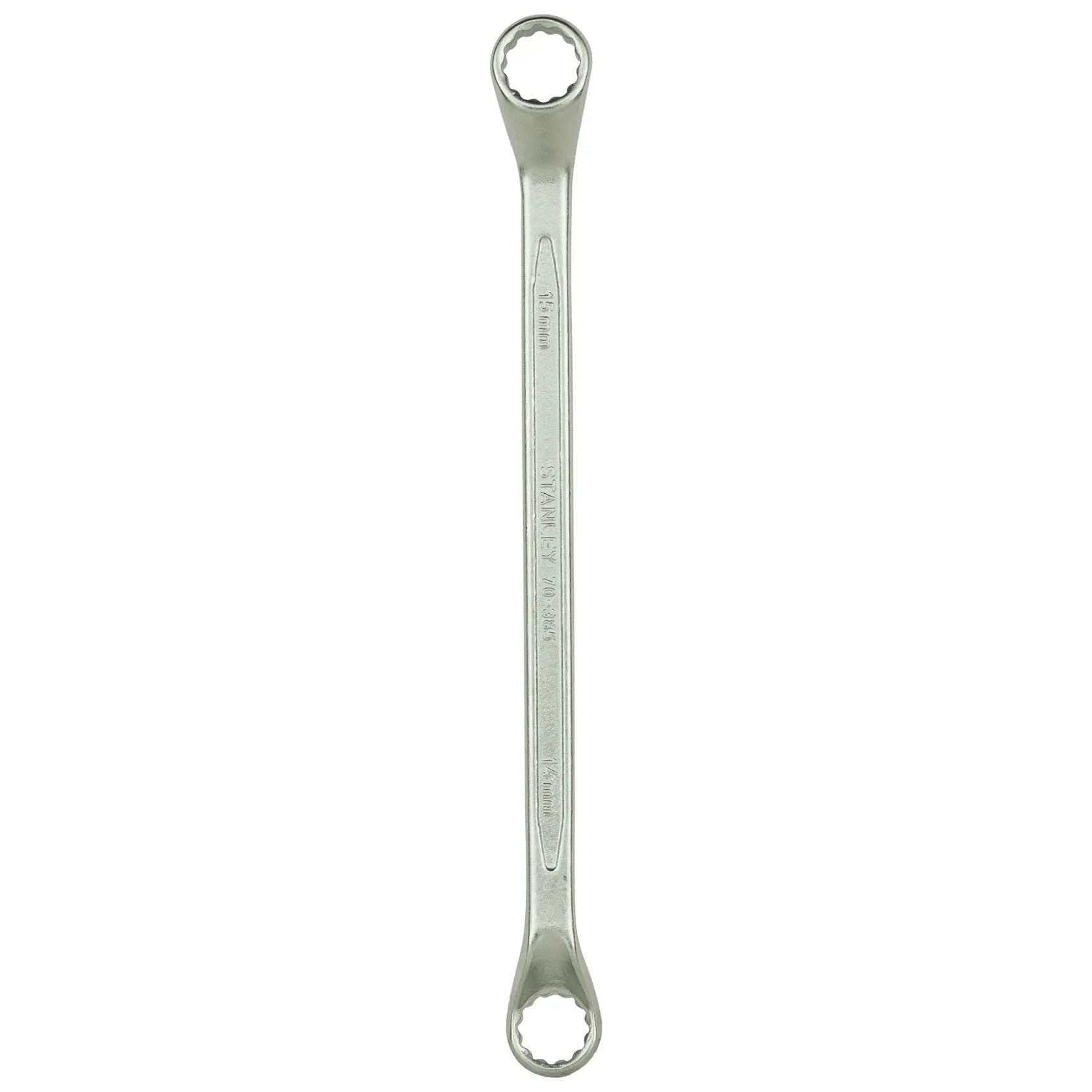 Stanley double-ended box wrench, metal, with 15mm and 17mm ends, for tightening nuts and bolts.
