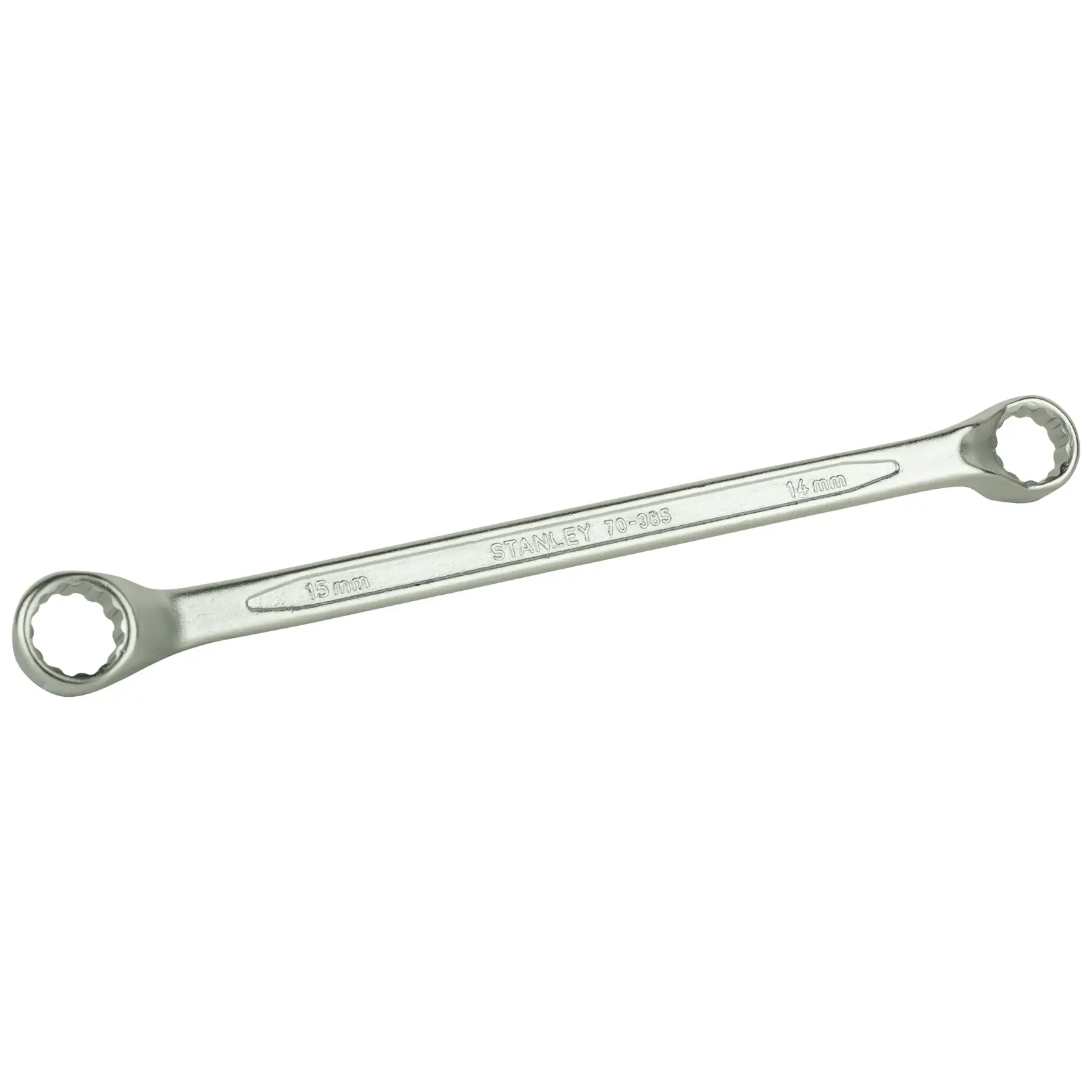 Stanley double-ended ring spanner, 15mm and 14mm sizes, silver metal hand tool isolated on white.