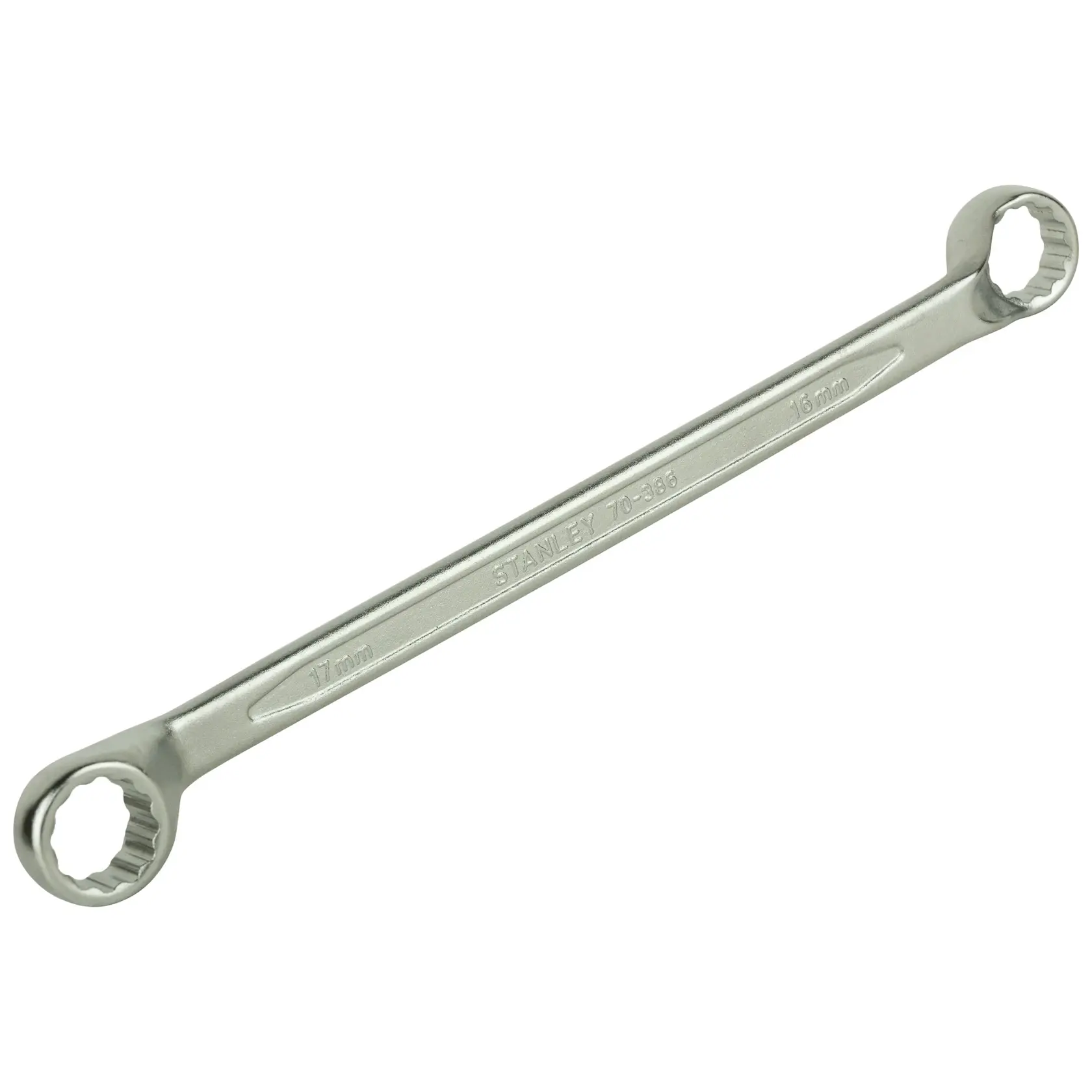 Stanley double box end wrench with 17mm and 16mm sizes, metal finish, tool used for tightening bolts.