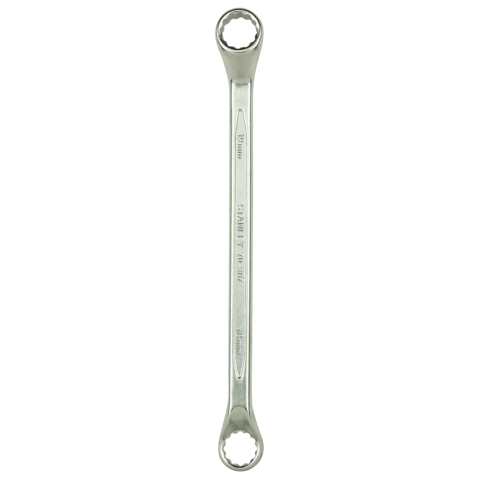 Stanley double-ended box wrench, metallic, for tightening or loosening bolts and nuts.