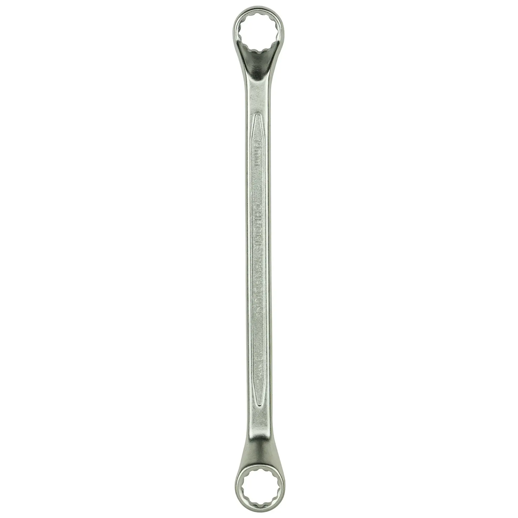 Double-ended box wrench made of metal with round, toothed openings on both ends.