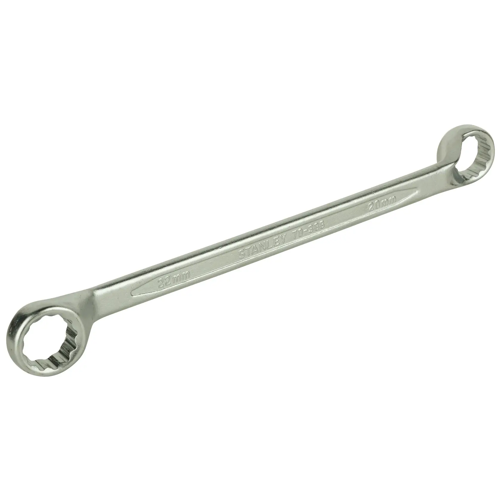 Stanley double box-end wrench, metric sizes 20mm and 22mm, silver metal tool for tightening or loosening bolts.