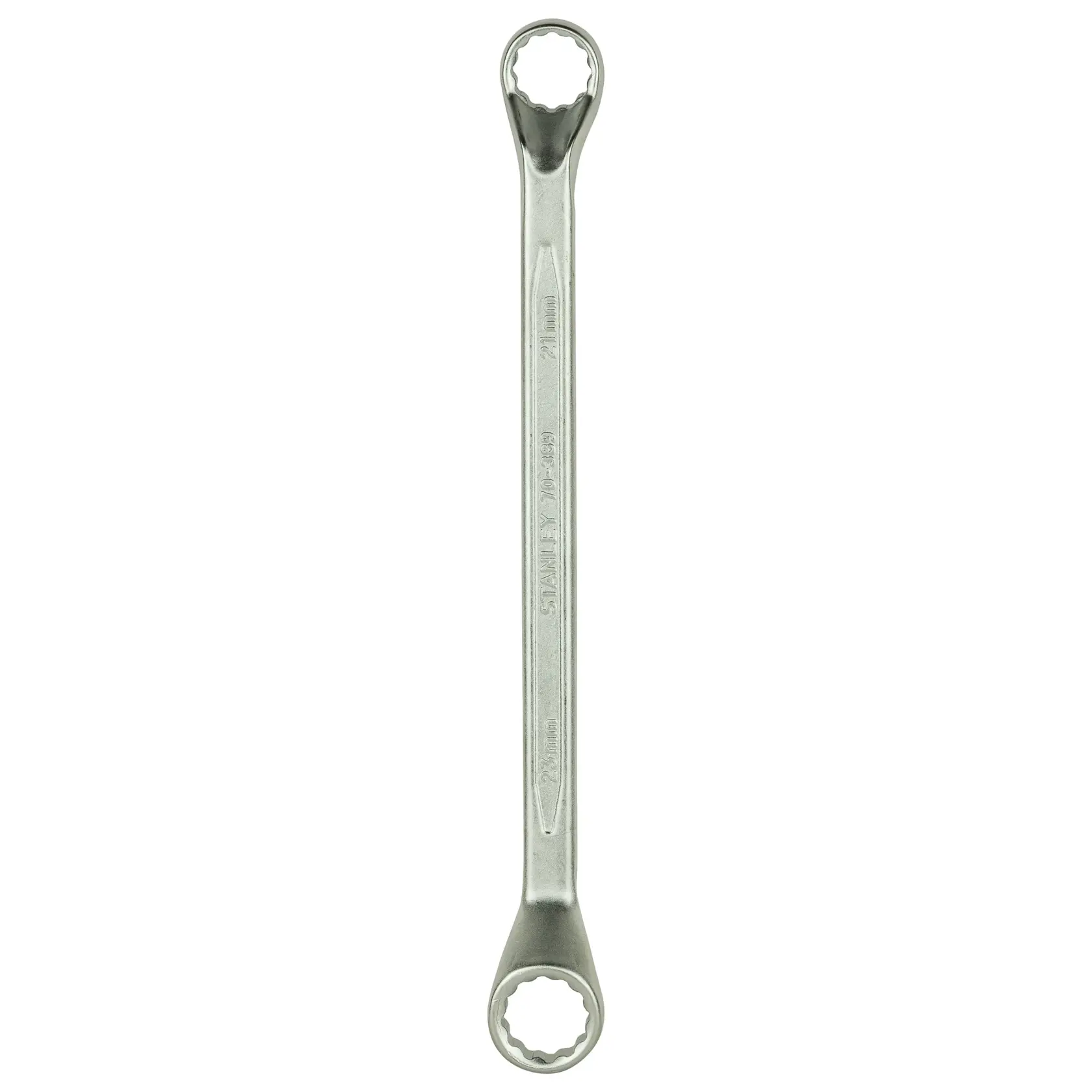 Double-ended box wrench with metal finish, used for tightening or loosening bolts and nuts.