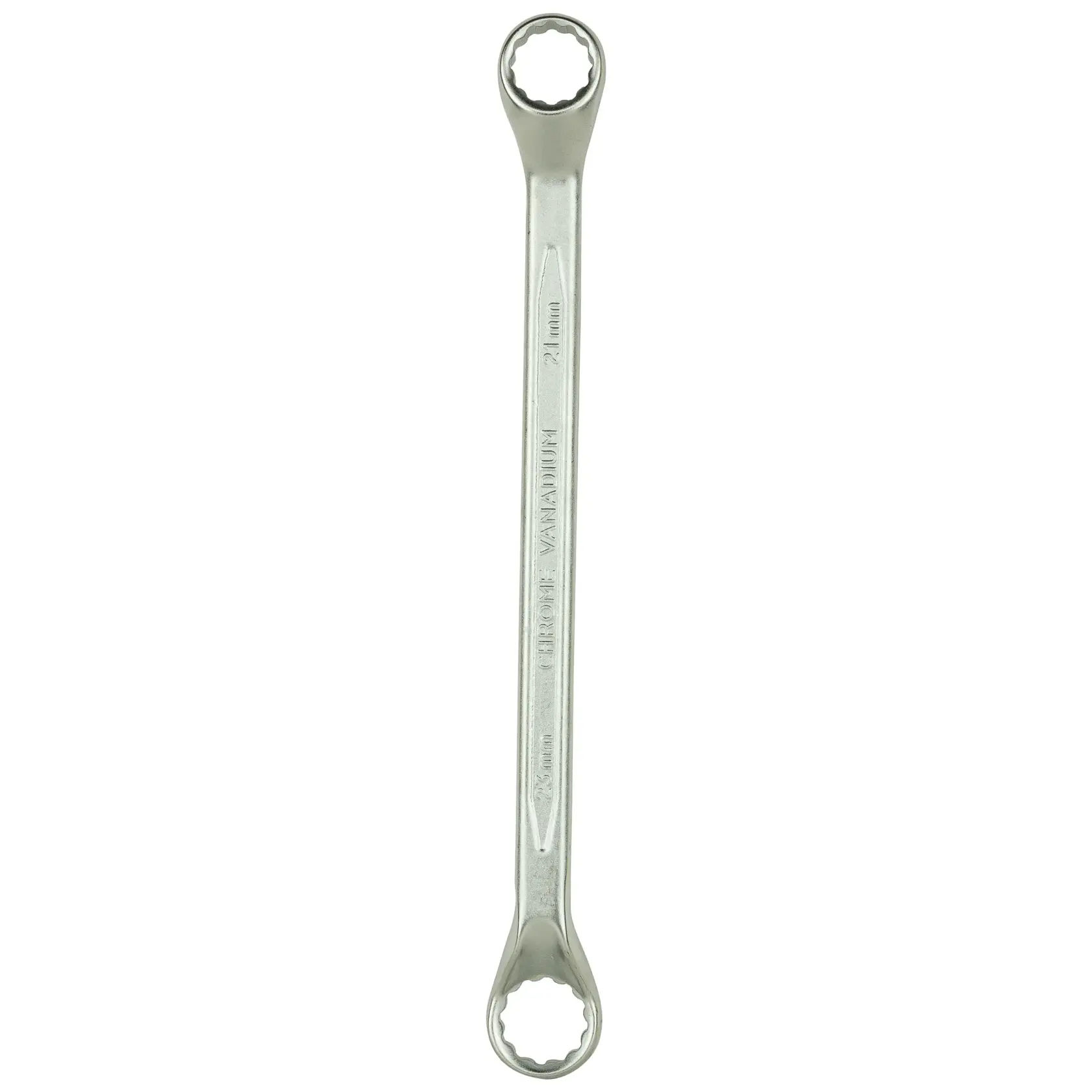 Double-ended box wrench with twelve-point rings, silver metal, used for tightening or loosening bolts.