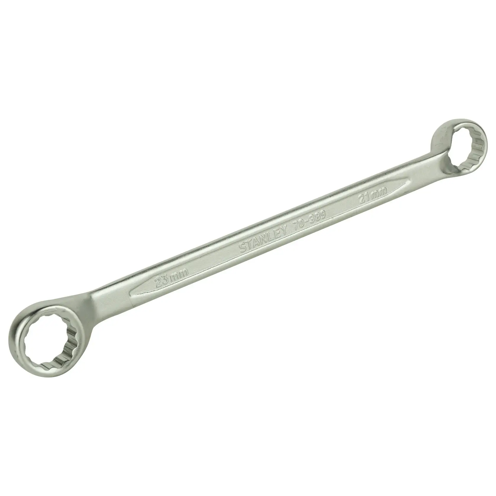 Stanley double box-end wrench, 23mm and 21mm, silver color, metal tool for tightening bolts.