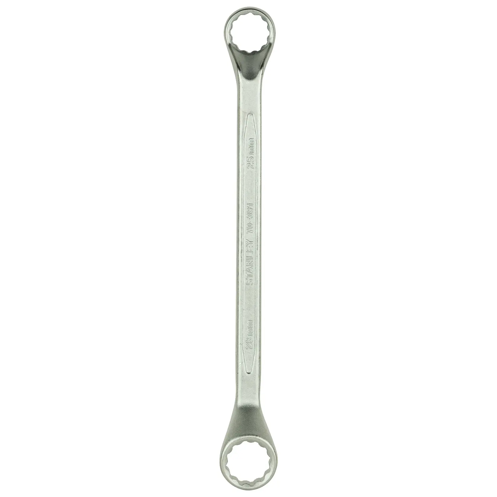 Stanley double ring spanner with 12-point ends, used for tightening or loosening nuts and bolts.