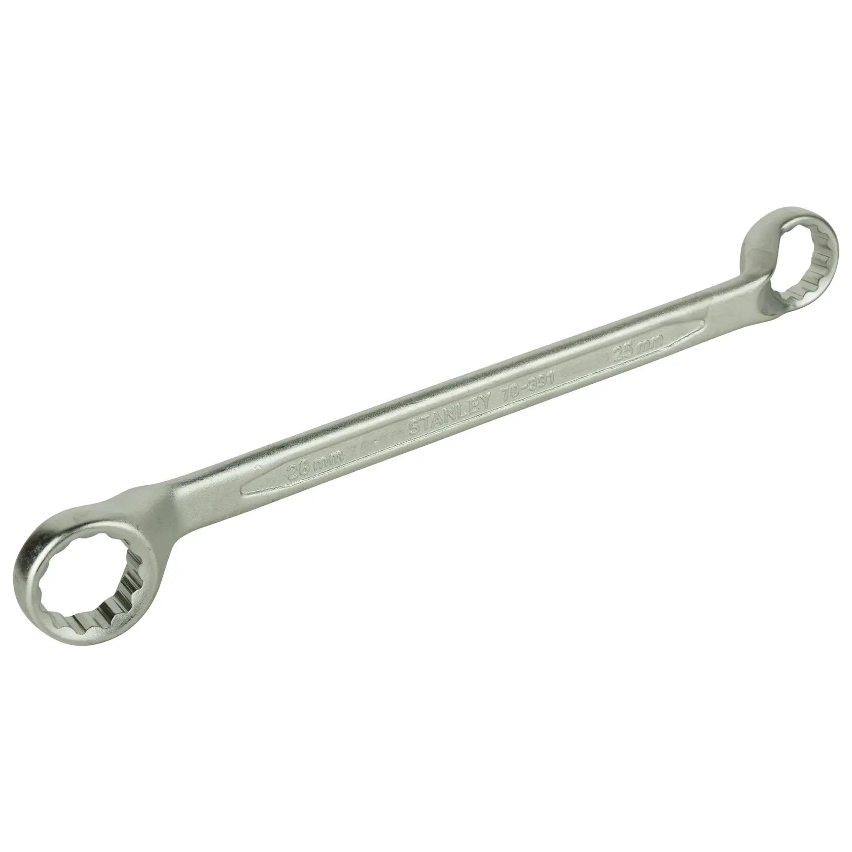 Stanley double box-end wrench, silver, two different sizes on each end, metal hand tool for tightening bolts.