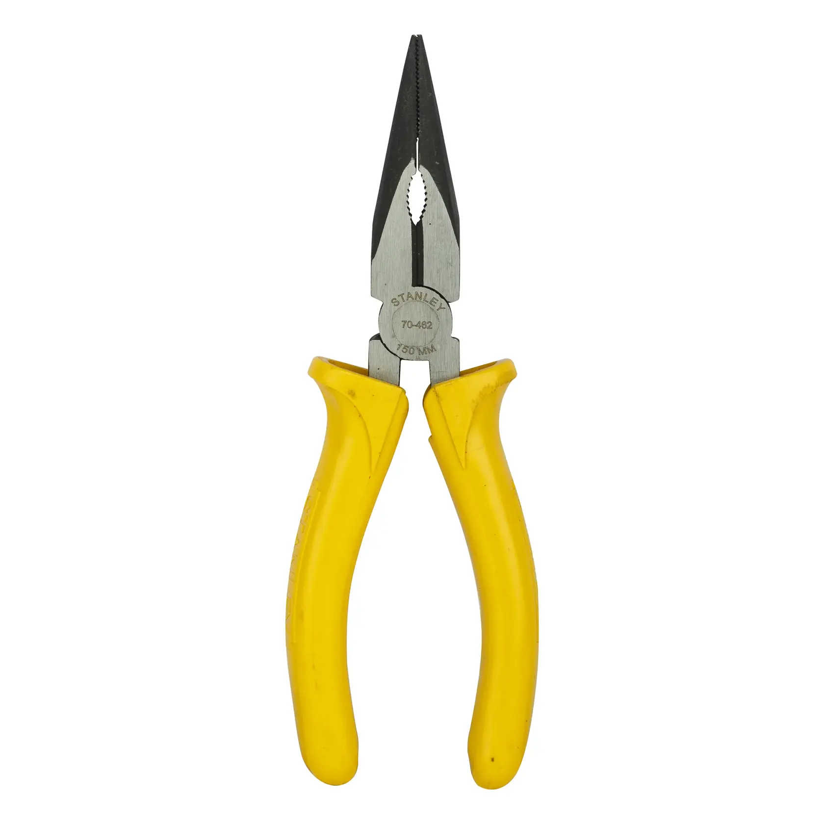 Stanley long nose pliers with yellow handles, tool for gripping and cutting wires and small objects.