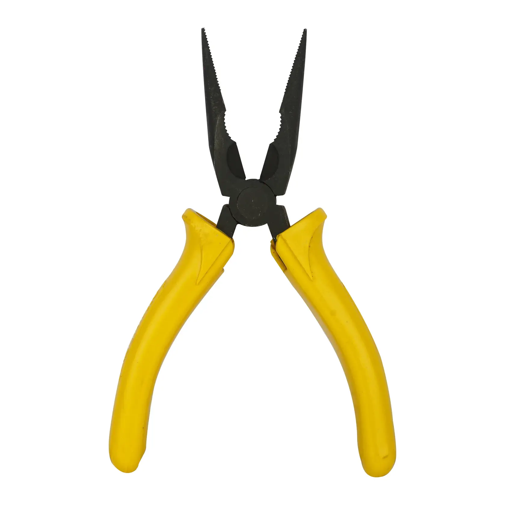 A pair of black pliers with yellow handles, used for gripping and bending objects.