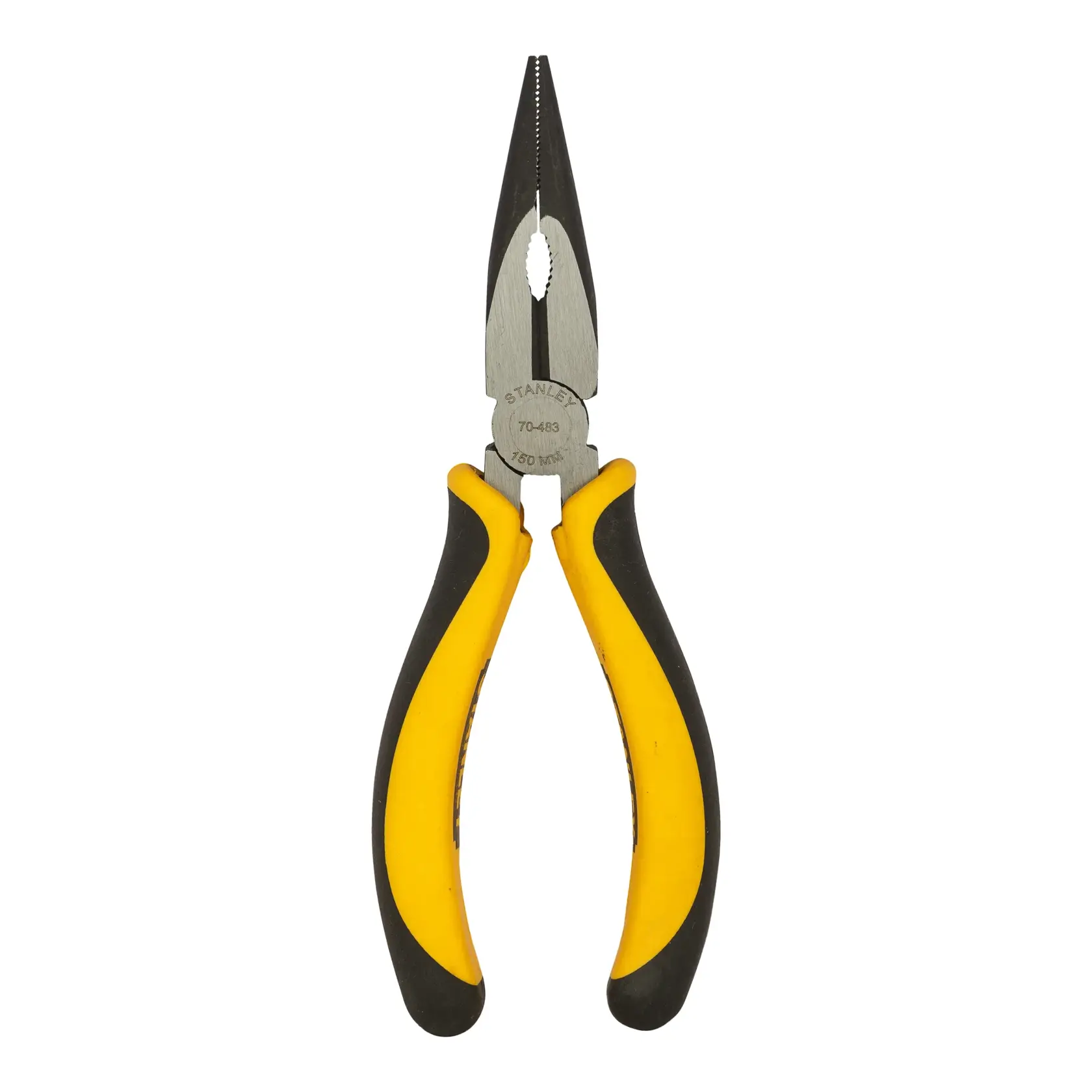 Stanley 70-483 yellow and black pliers with insulated handles, used for gripping and cutting wires.