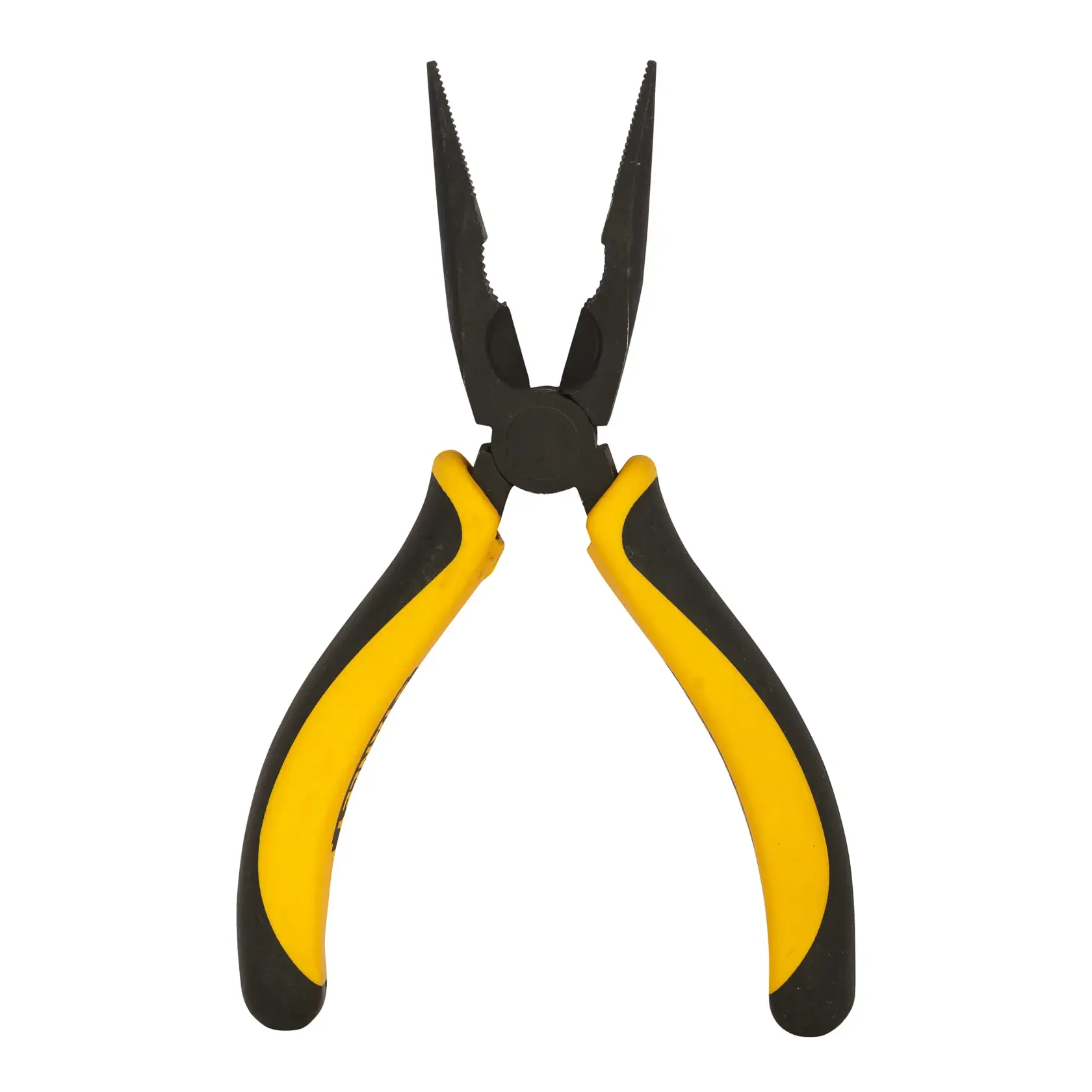 Stanley long nose pliers with black and yellow handles, suitable for precision work and gripping small objects.