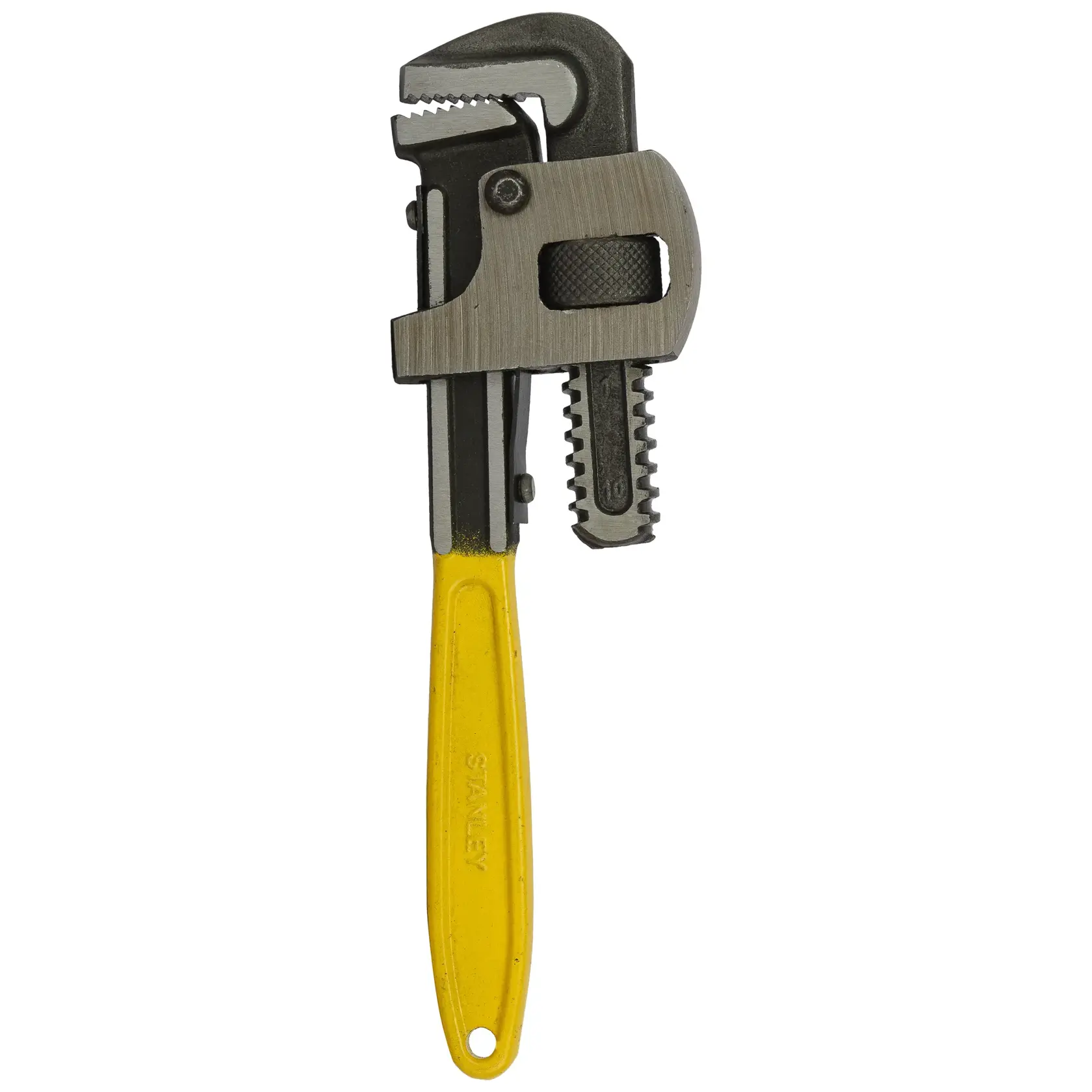 Stanley adjustable pipe wrench with a yellow handle and metal jaws for plumbing or repairs.
