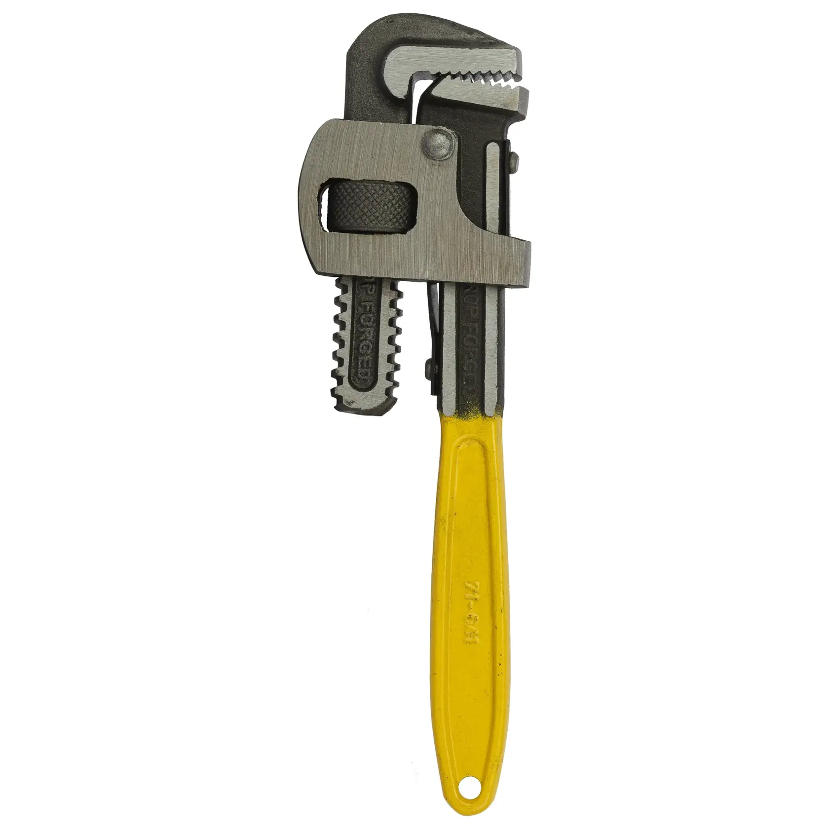 Stanley pipe wrench with a yellow handle and adjustable metal jaws, suitable for plumbing tasks.