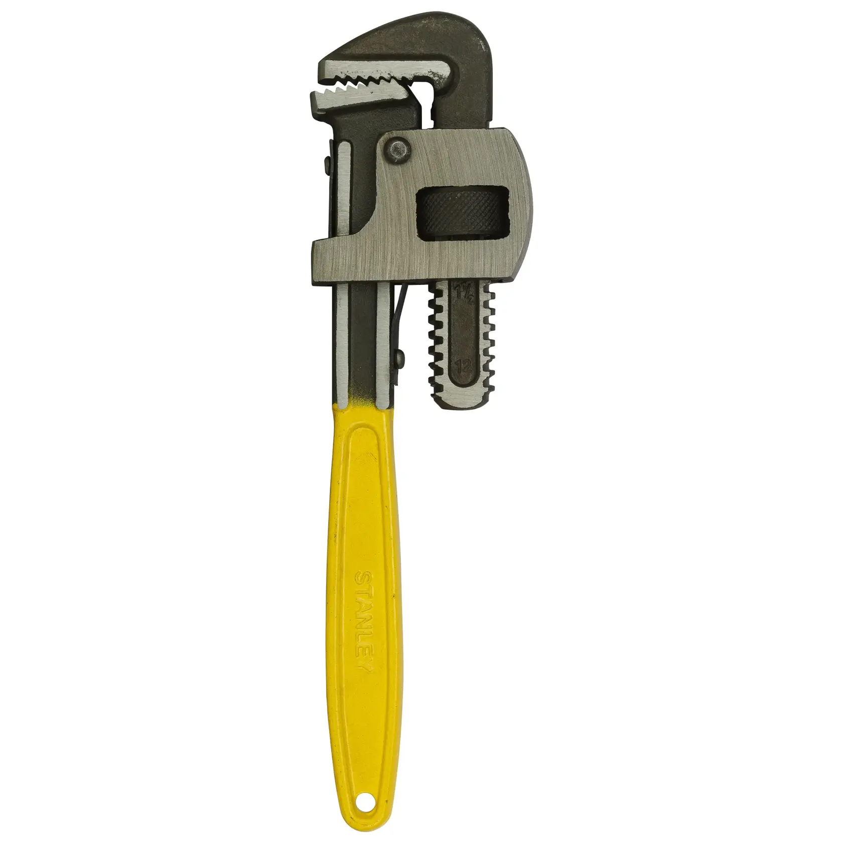 Adjustable pipe wrench with metal jaws and yellow handle, used for plumbing and gripping round objects.