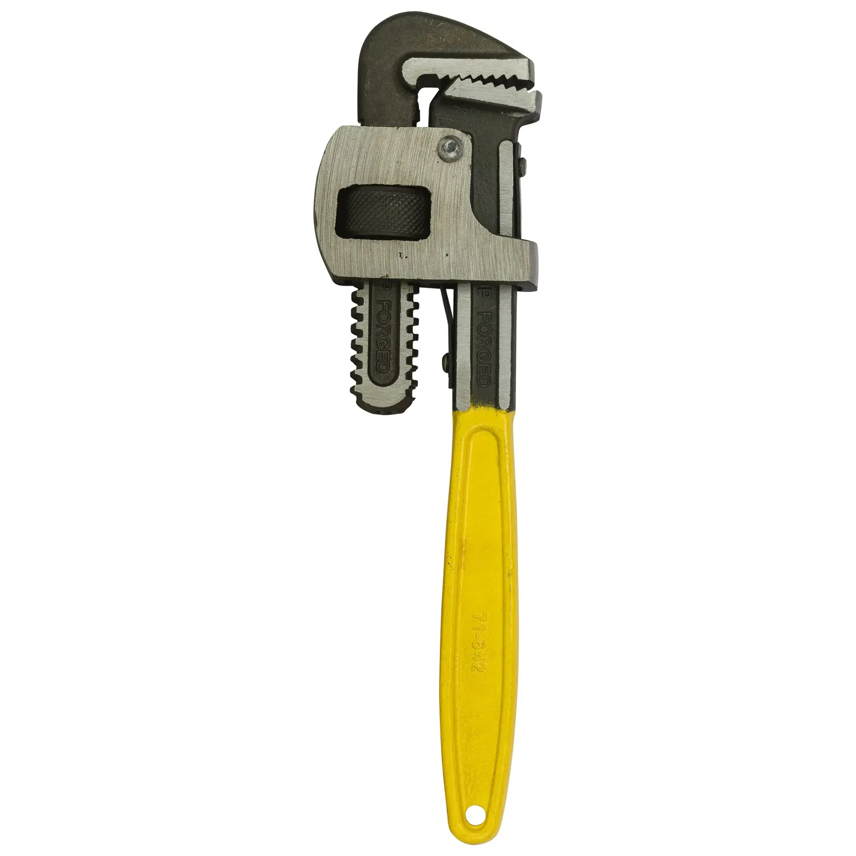 Pipe wrench with yellow handle used for plumbing and gripping pipes, shown on a white background.