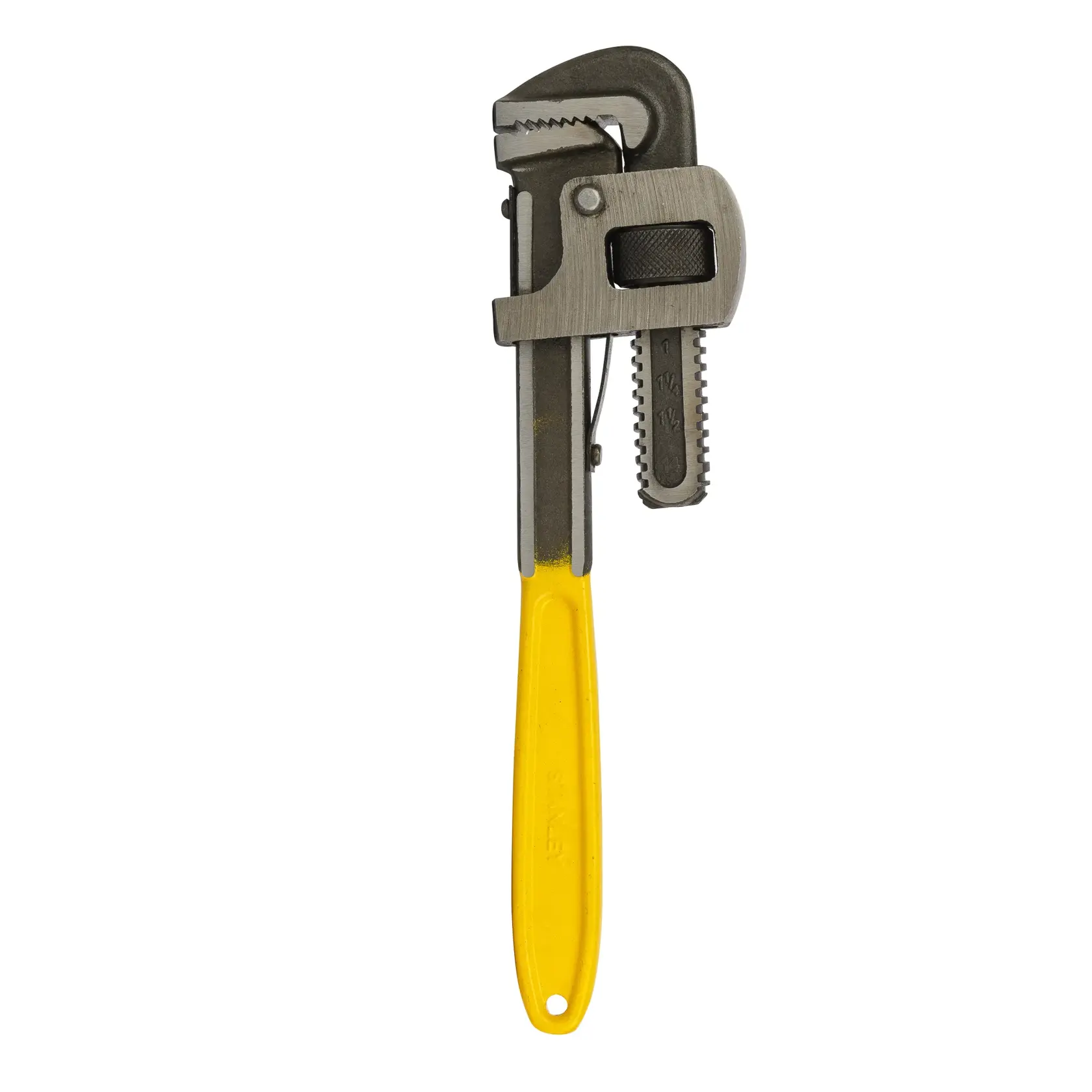 STANLEY 71-643 pipe wrench with yellow handle, front angle, metal jaws, white background.