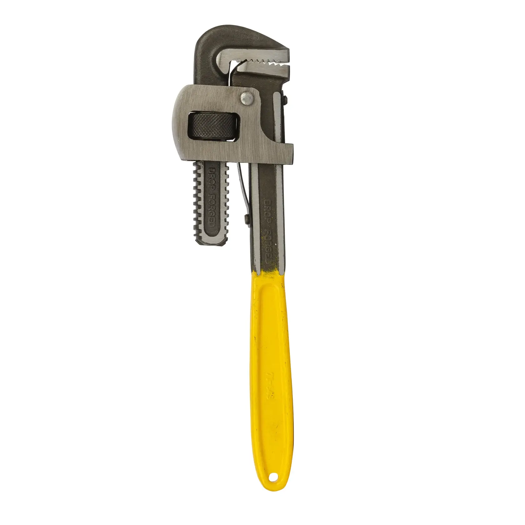 STANLEY 71-643 pipe wrench with serrated jaws and yellow handle, front angle on white background.