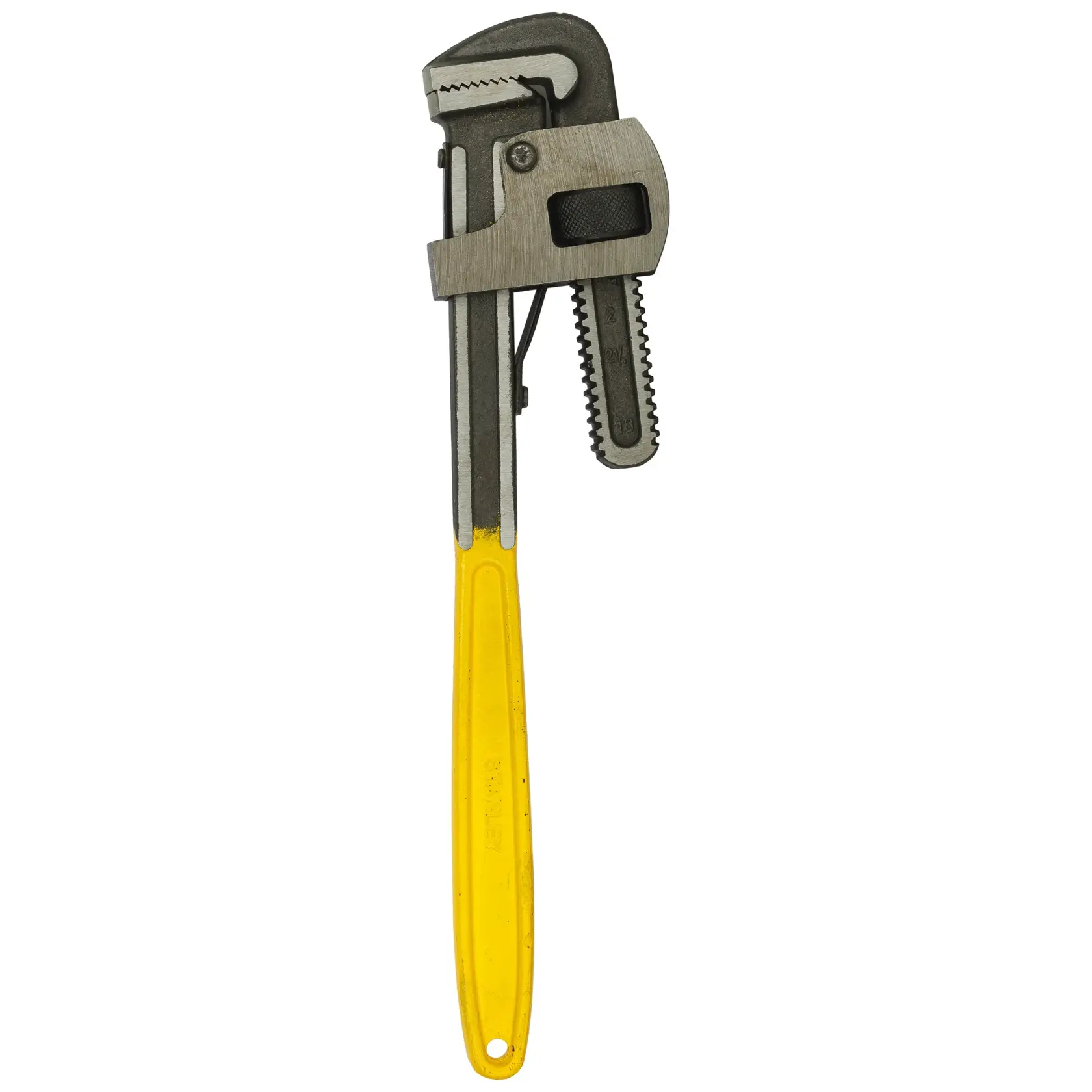 Metal pipe wrench with yellow handle, adjustable jaw for plumbing or repair tasks, seen against a white background.