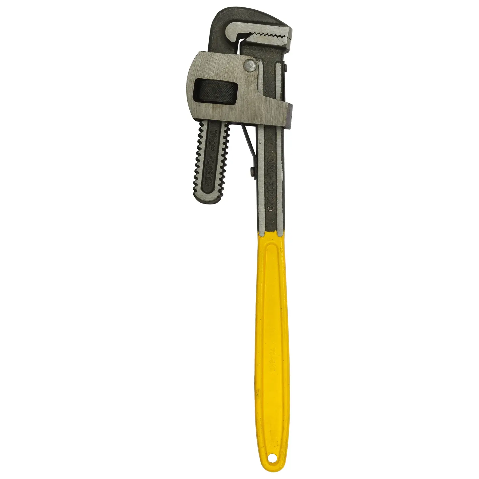 Metal pipe wrench with serrated jaws and a yellow handle for plumbing tasks.