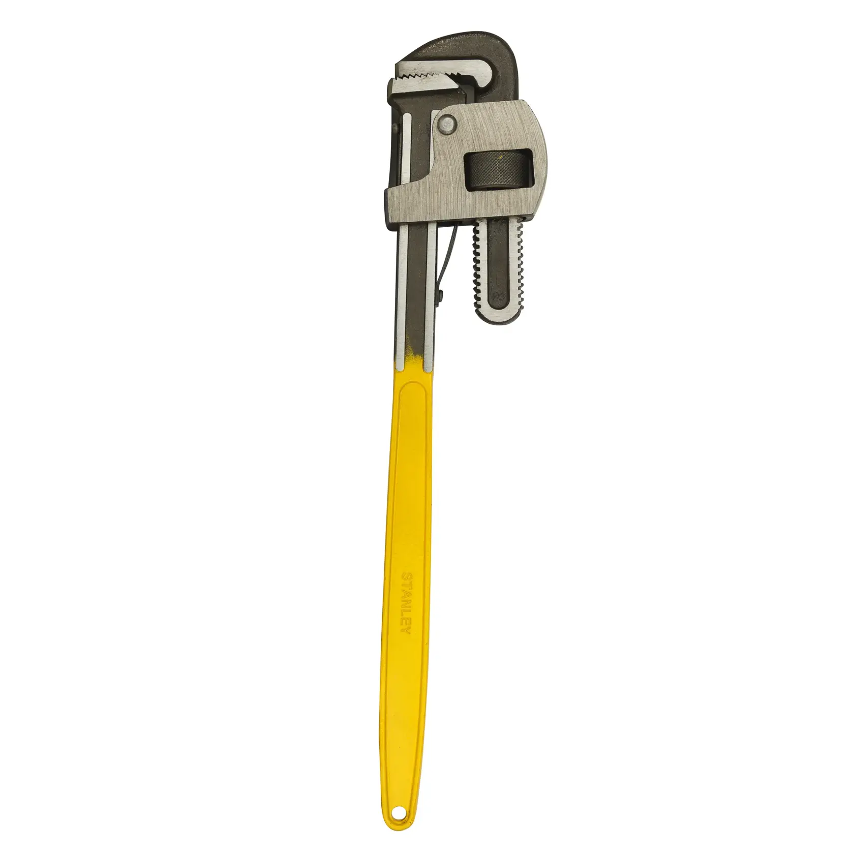STANLEY 71-645 pipe wrench with yellow handle, straight-on view, steel head, white background.