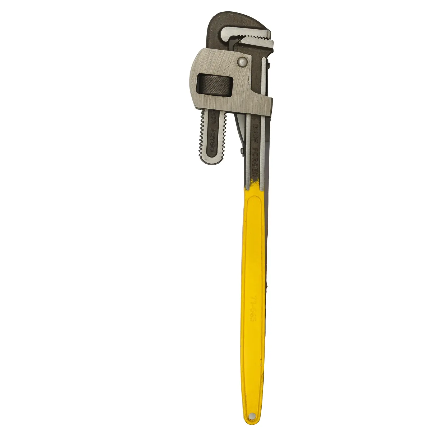 STANLEY 71-645 pipe wrench with yellow handle, side angle on white background.