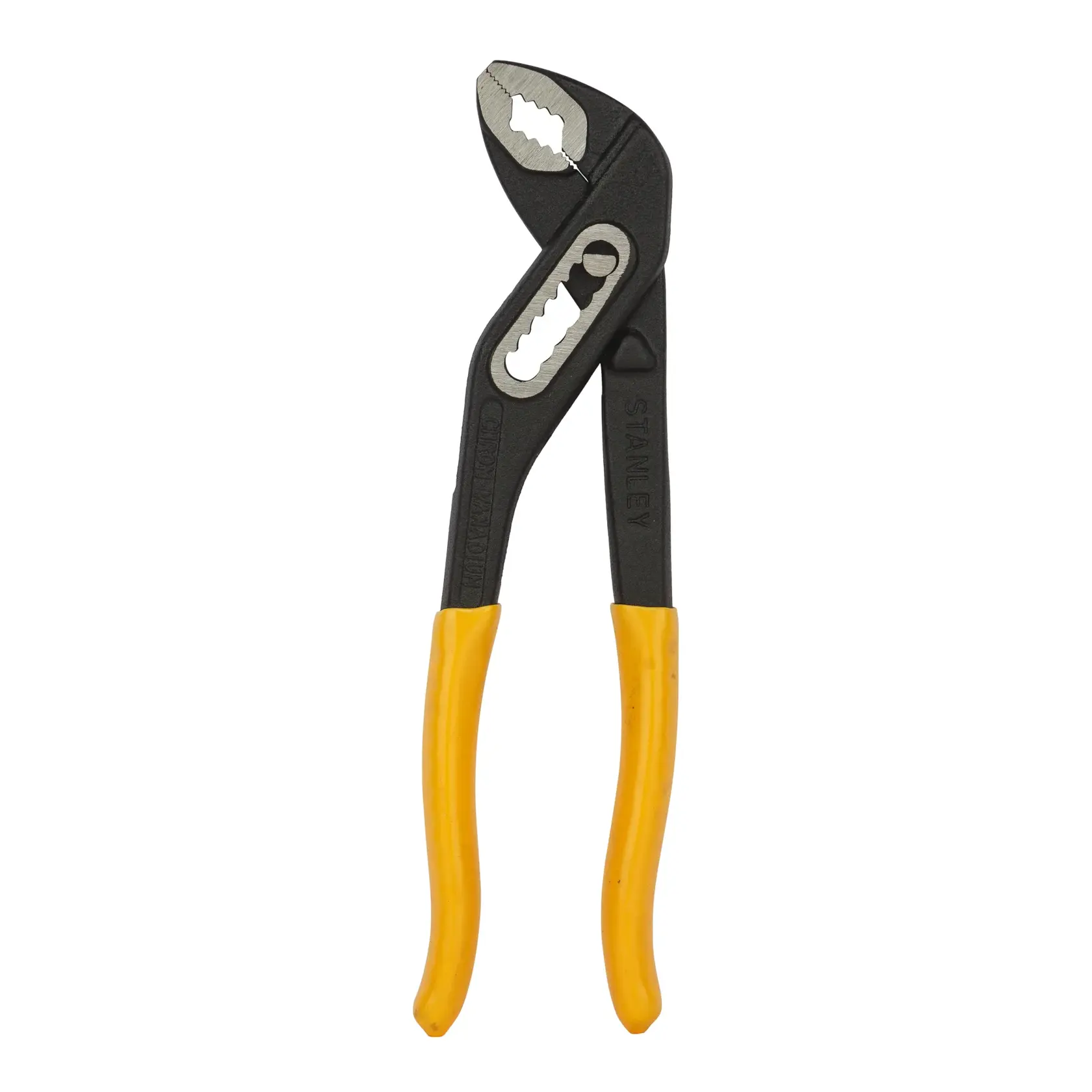STANLEY 71-668 water pump pliers with black jaws and yellow handles, front angle on white background.