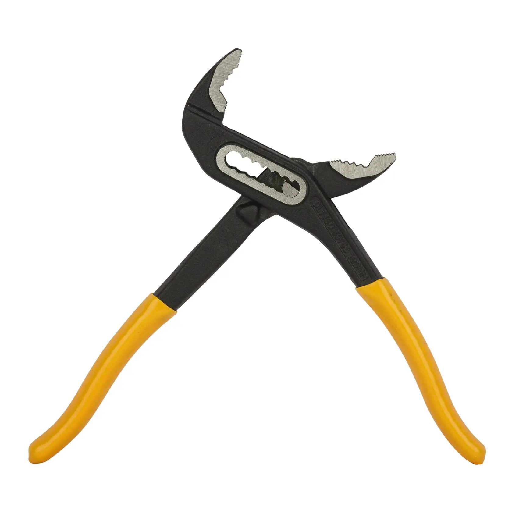 STANLEY 71-668 adjustable groove joint pliers with yellow handles, product photography on white background.