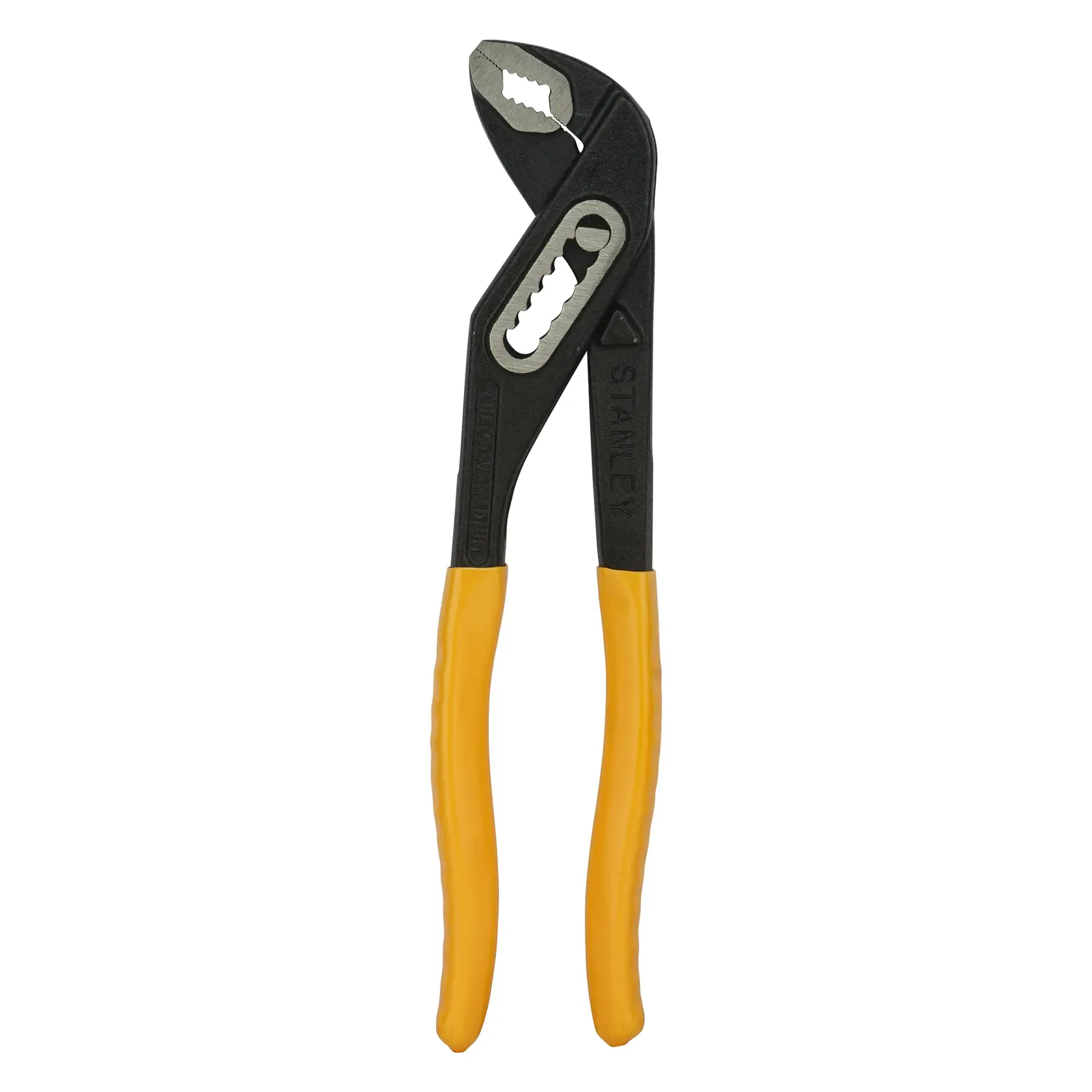 Adjustable groove joint pliers with yellow handles, designed for gripping and turning pipes or fittings.