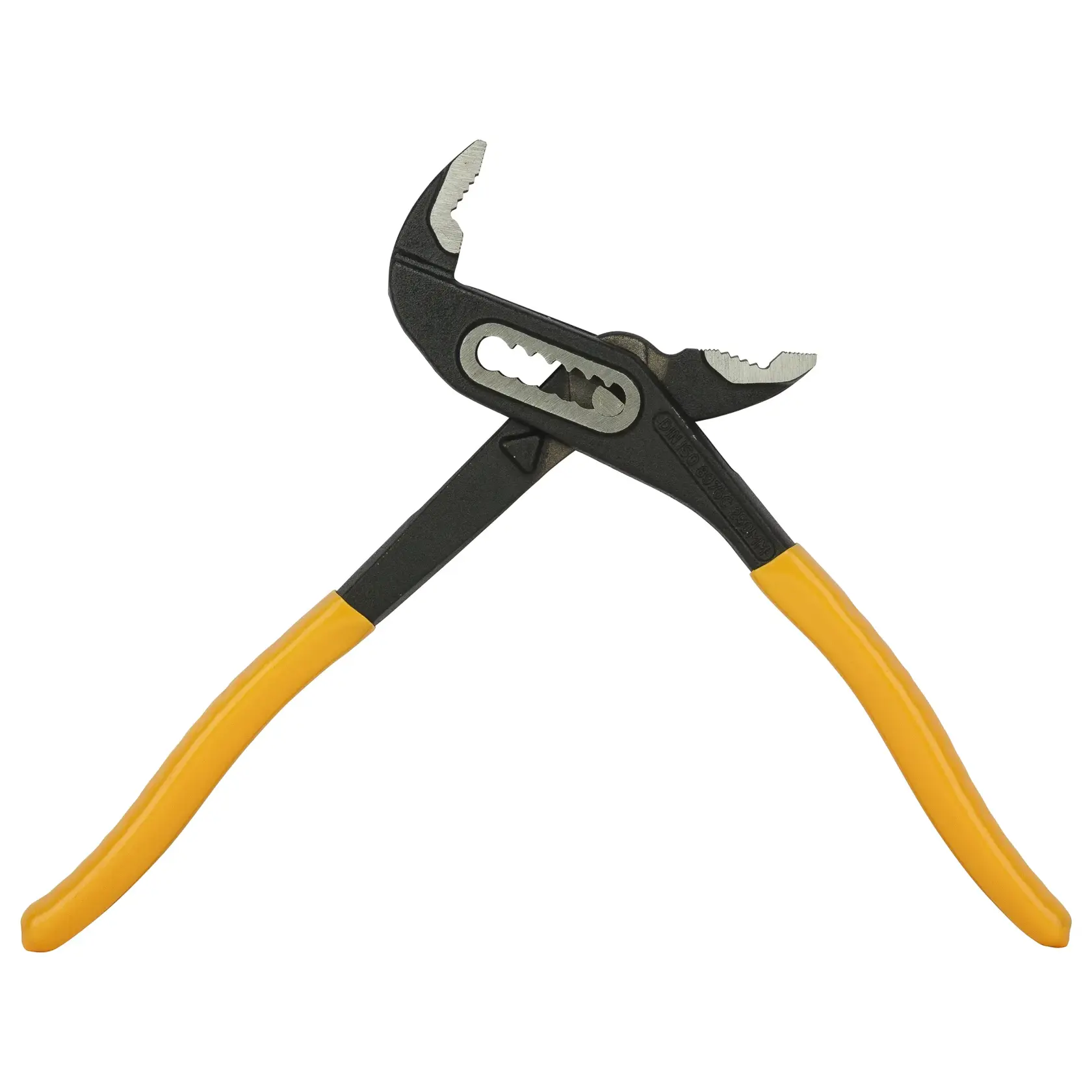 Adjustable groove joint pliers with yellow handles, designed for gripping and turning objects.
