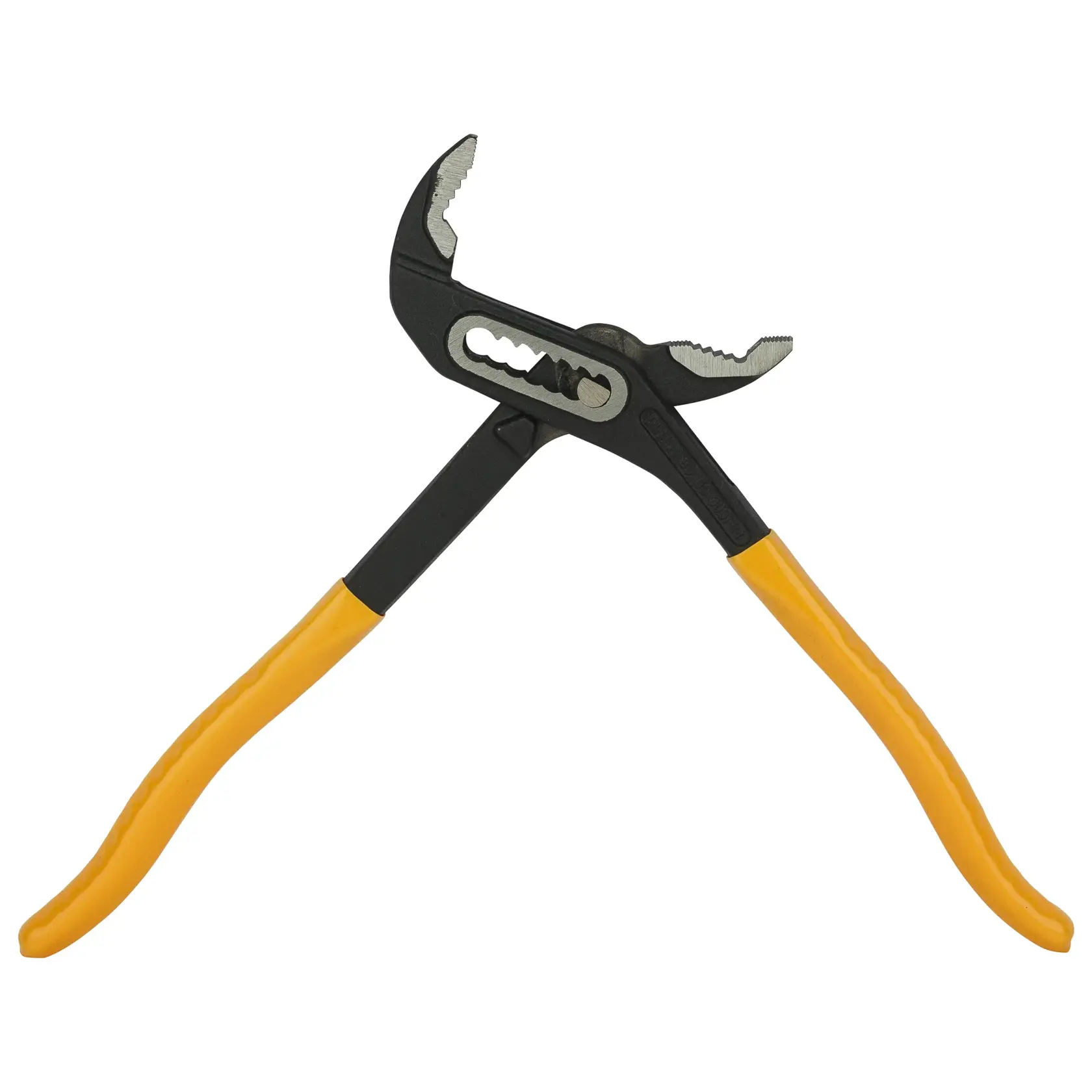 Adjustable groove joint pliers with yellow handles, used for gripping and turning pipes or fittings.