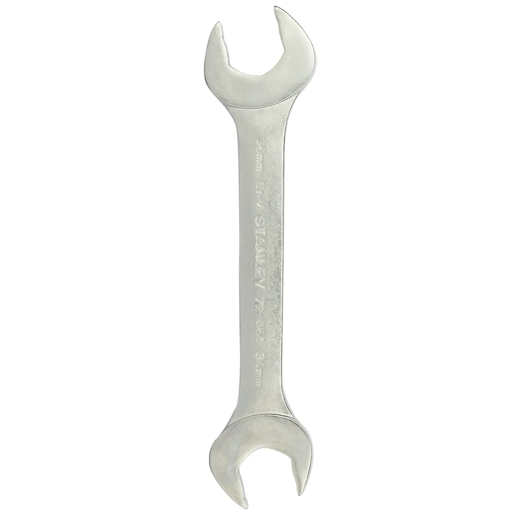 Photo of STANLEY 72-061 open end wrench, silver finish, shown flat on white background, hand tool category.