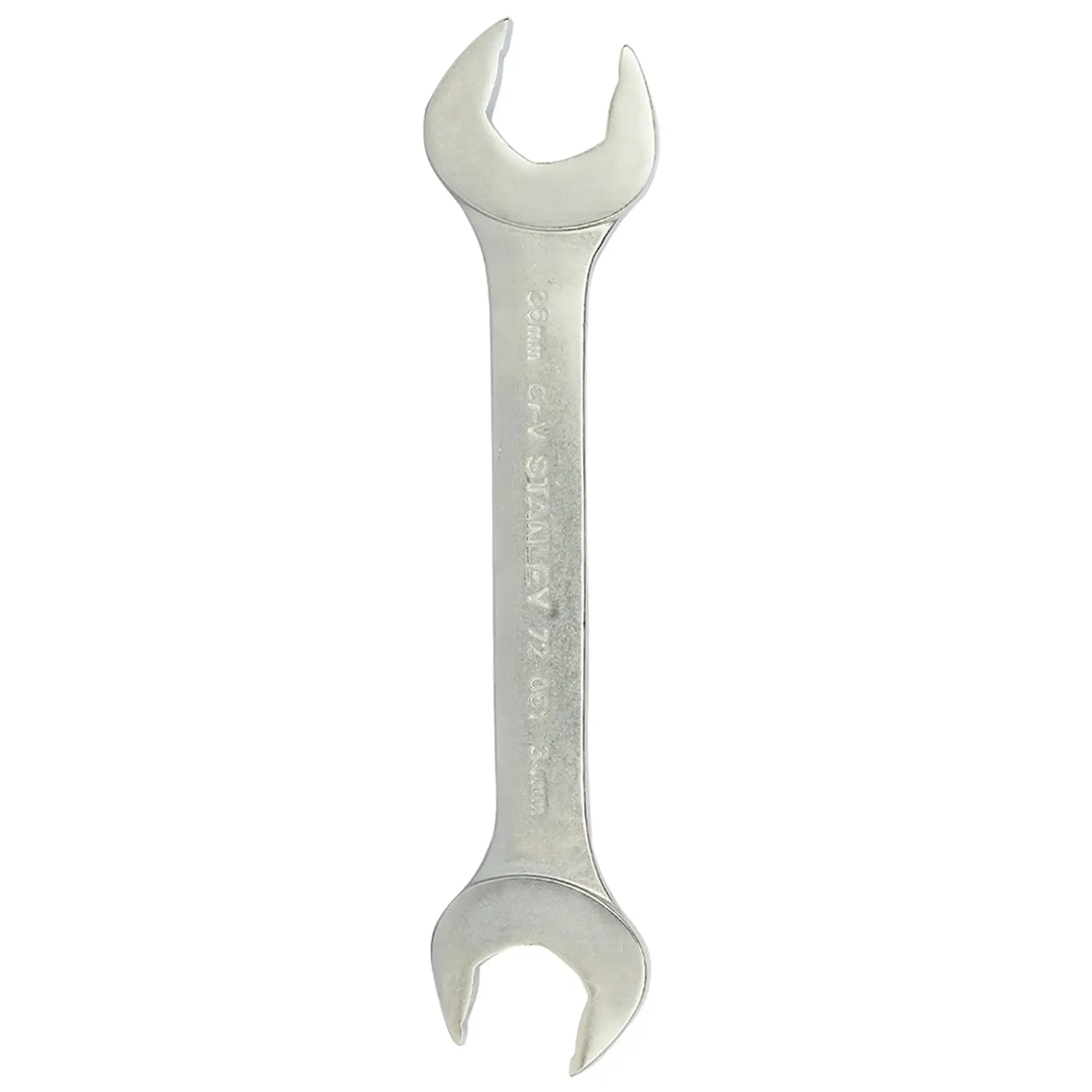 Photo of STANLEY 72-061 double open-end wrench, silver finish, top view on white background.
