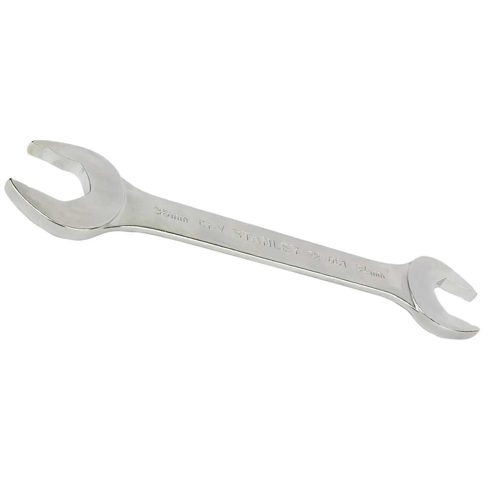 Photo of STANLEY 72-061 chrome open-ended wrench, tool angled on white background.