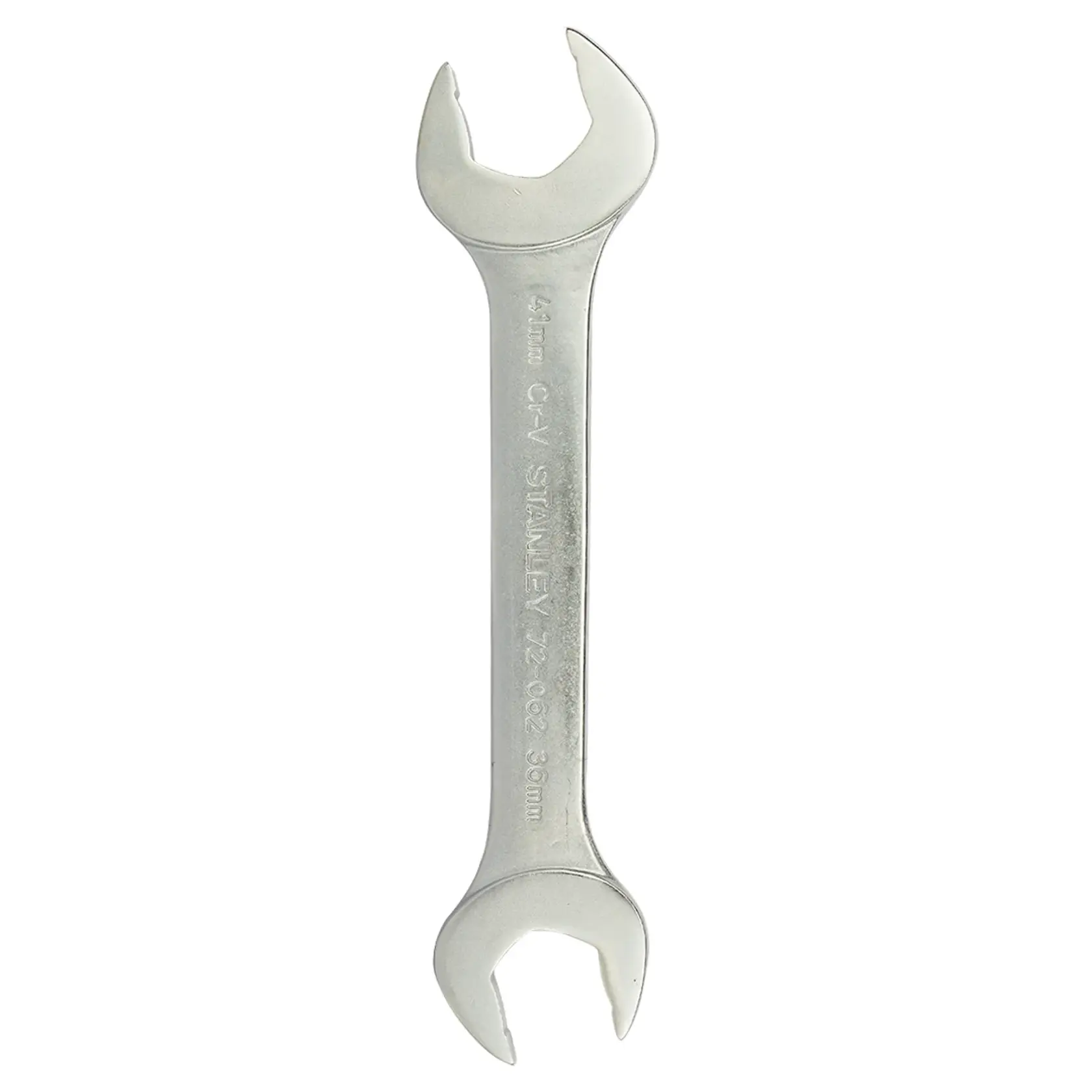 STANLEY 72-062 double open-end wrench, silver, top-down angle on white background, hand tool category.