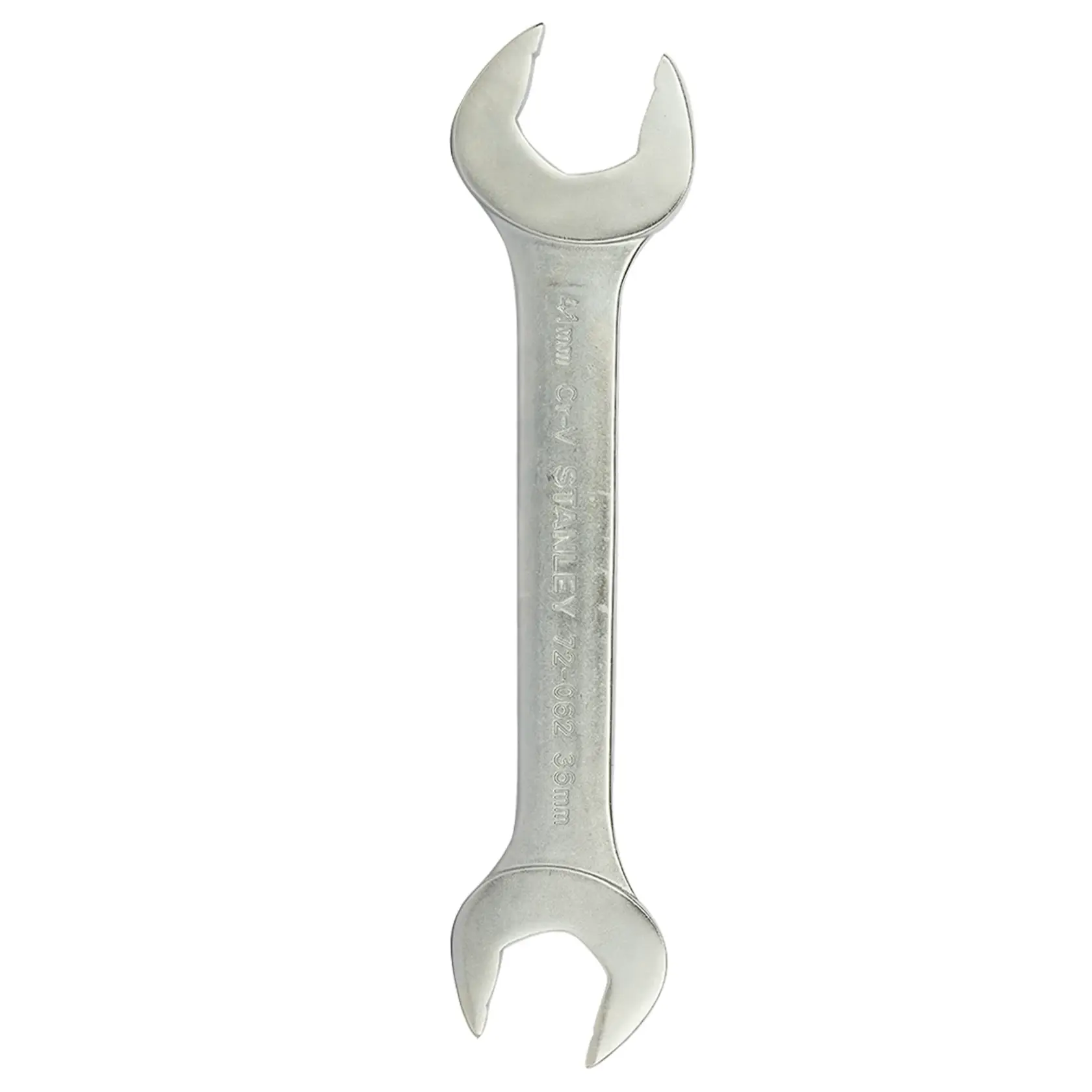 STANLEY 72-062 double open end wrench, silver finish, photography, top view on white background.