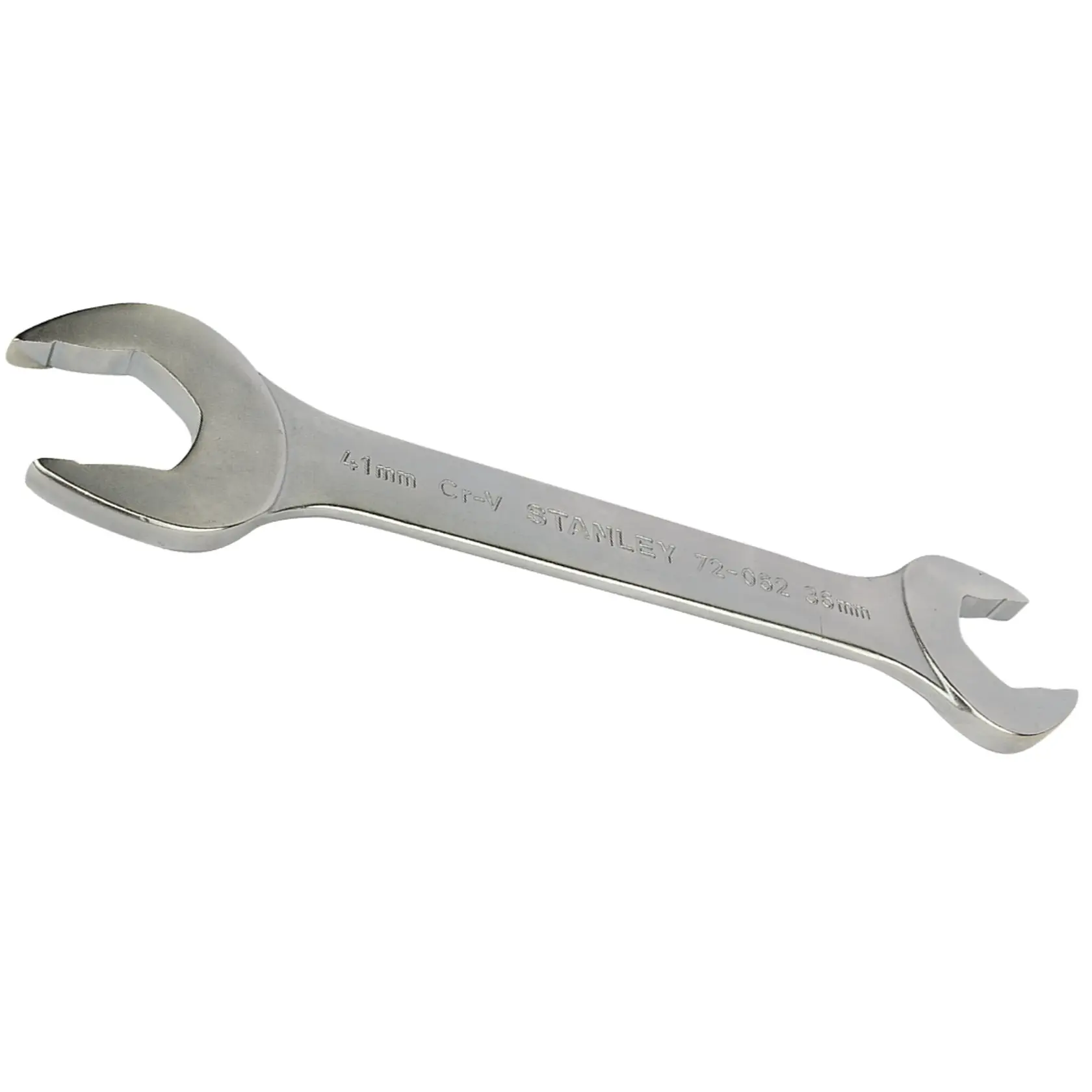 STANLEY 72-062 open-end wrench, silver metal, dual head, angled view on white background.