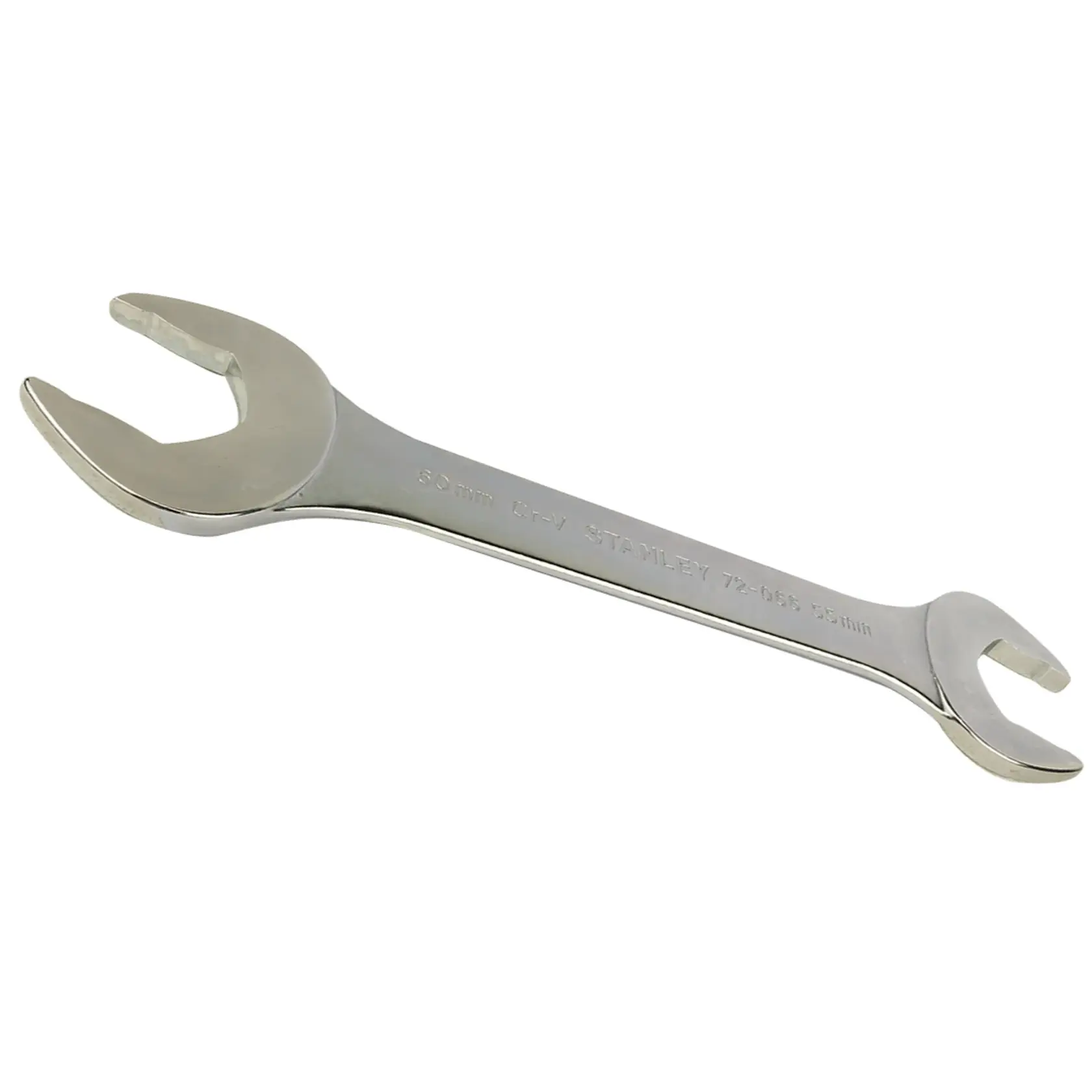 STANLEY 72-066 double open end wrench, silver hand tool, angled view on white background.