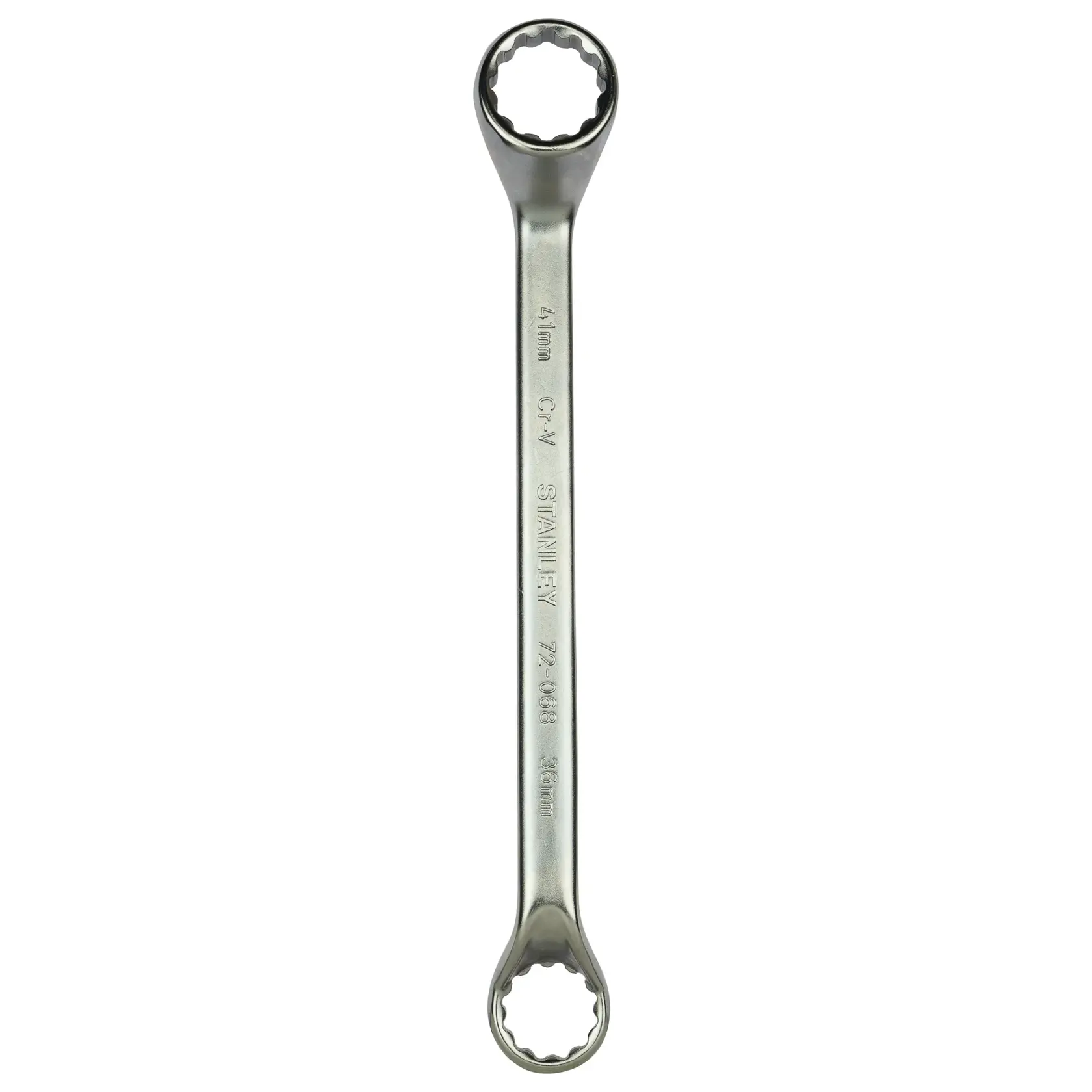 Stanley double ring spanner, silver finish, 41mm and 36mm sizes, used for tightening or loosening nuts.
