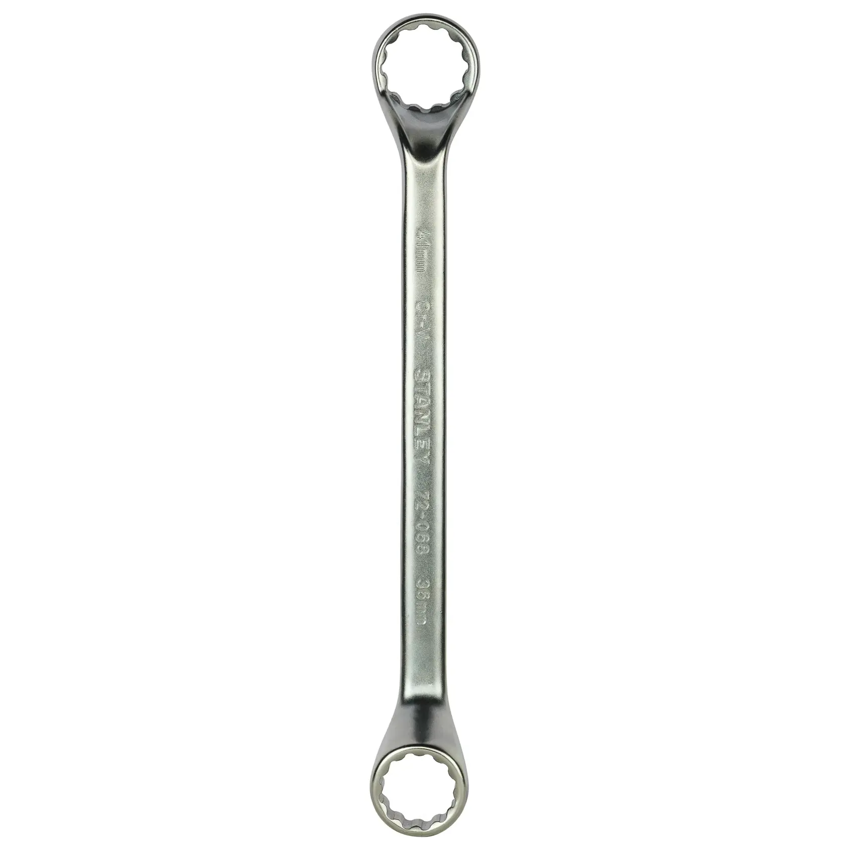 Stanley double box-end wrench made of metal, with closed rings on both ends. Tool for tightening or loosening bolts.
