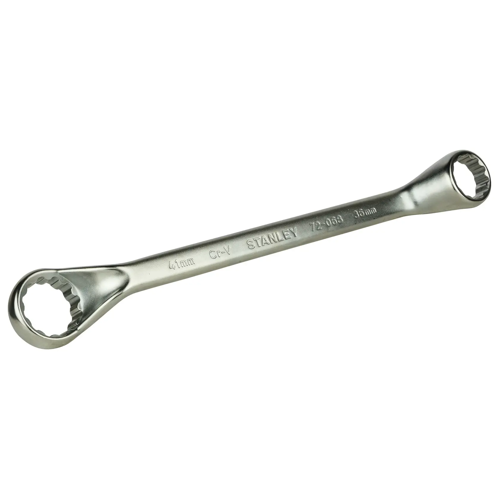 Stanley double box-end wrench, chrome-finished, marked 41mm and 36mm for tightening or loosening bolts.